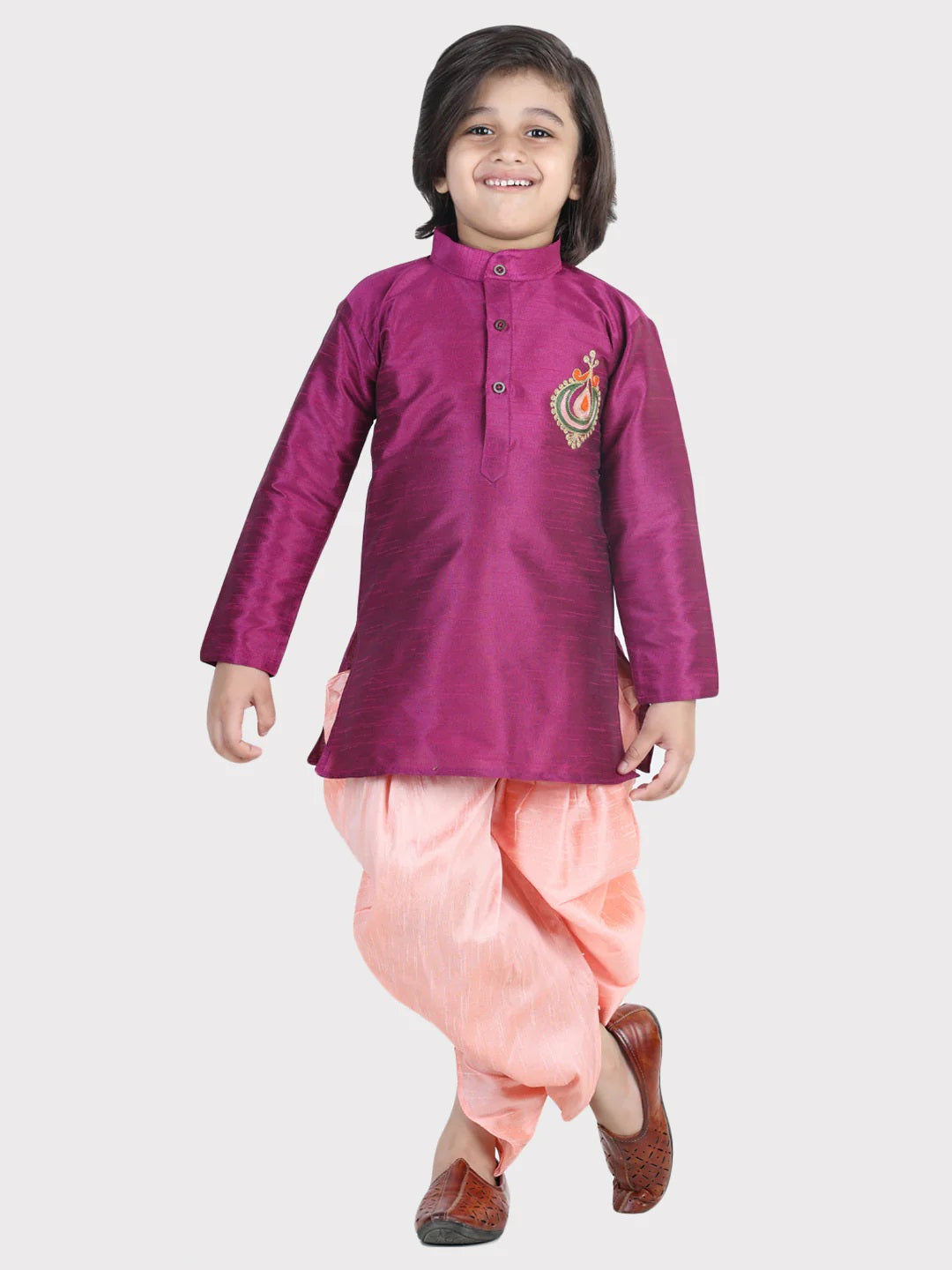 Hand Embroidered Silk Dhoti Kurta For Boys- Purple