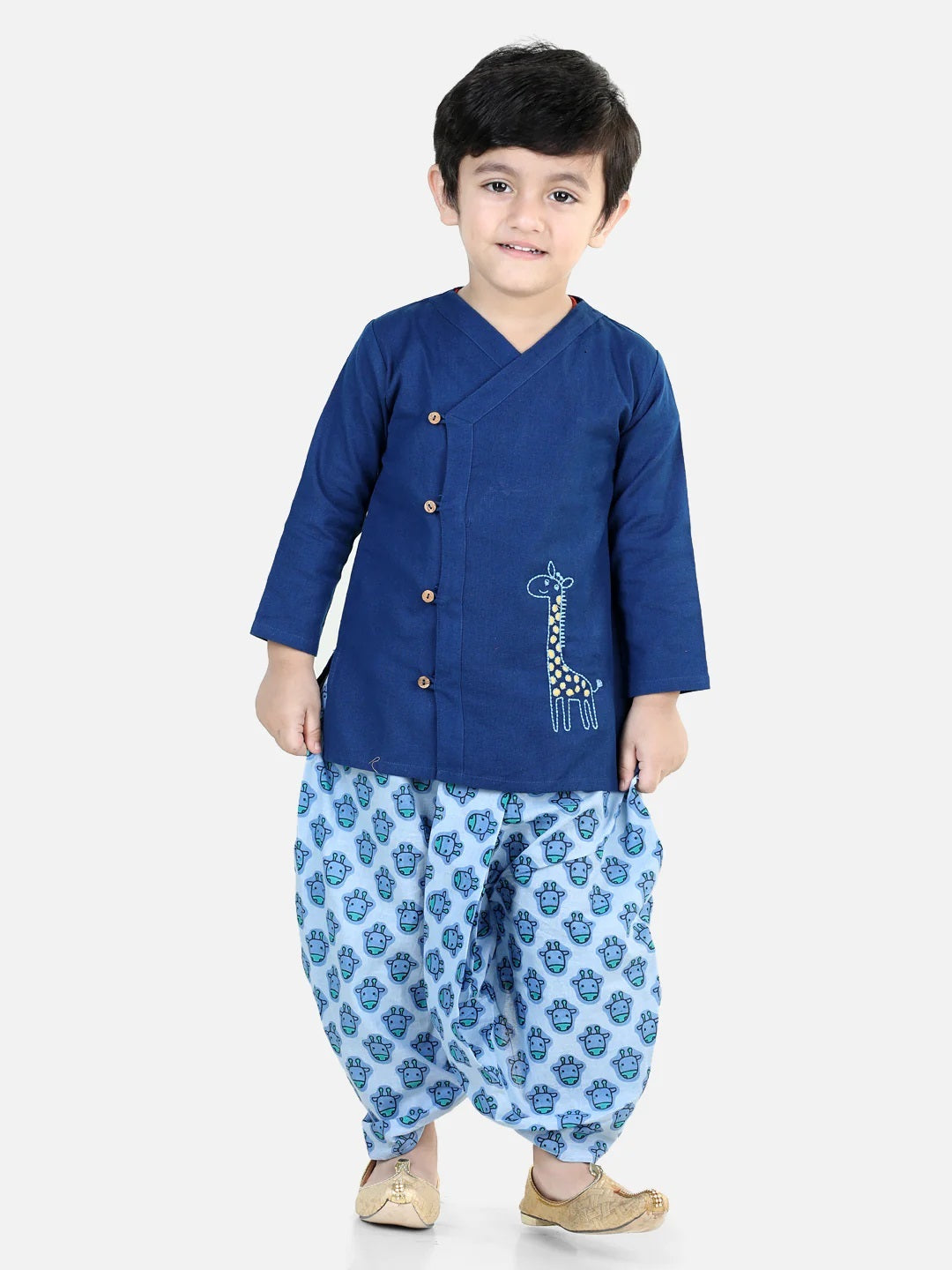 100% Cotton Embroidery Kurta With Printed Dhoti For Boys- Blue