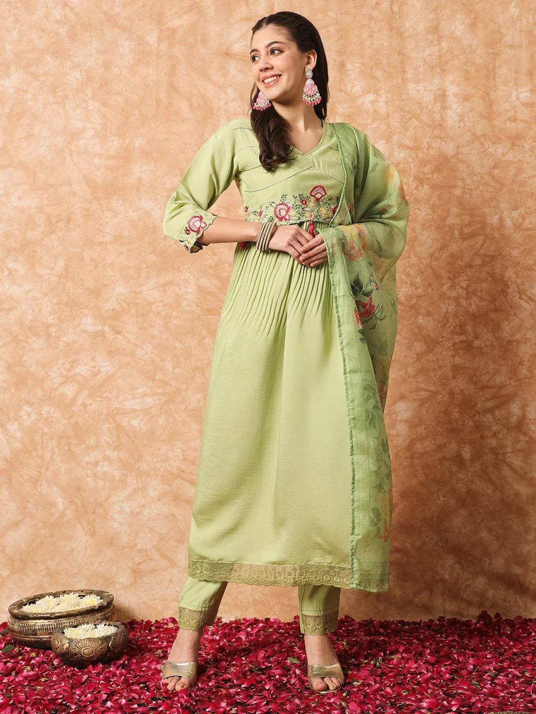 Women Party Wear Embroidery Worked Kurta With Pant And Dupatta Set