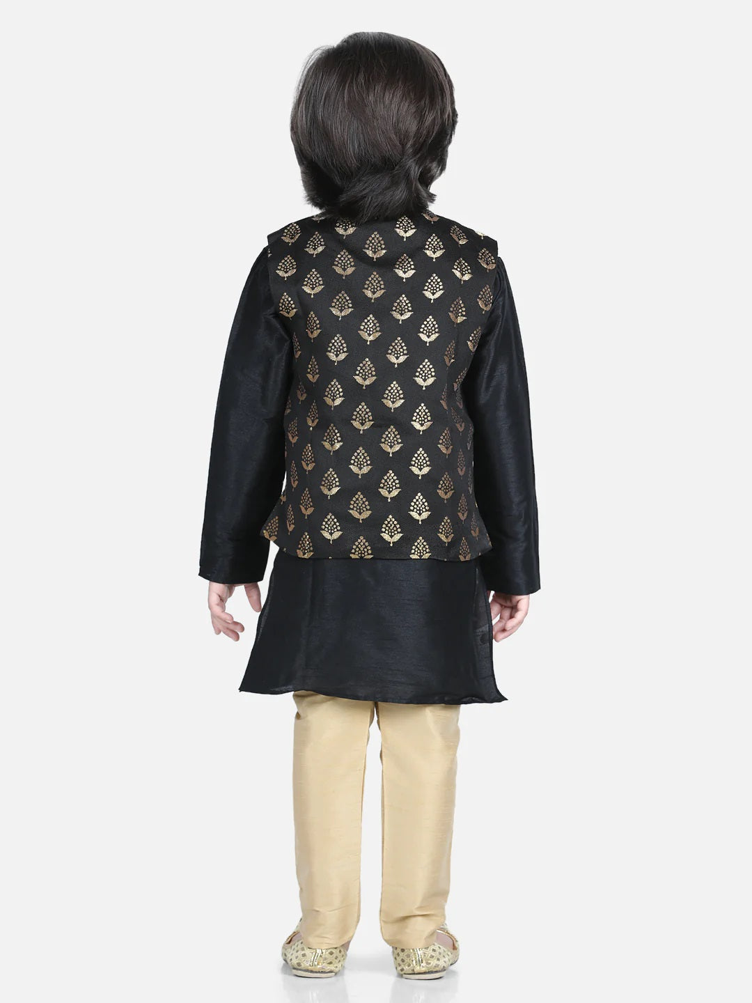 3 Piece Jacquard Jacket Silk Kurta Pajama For Boys-Black