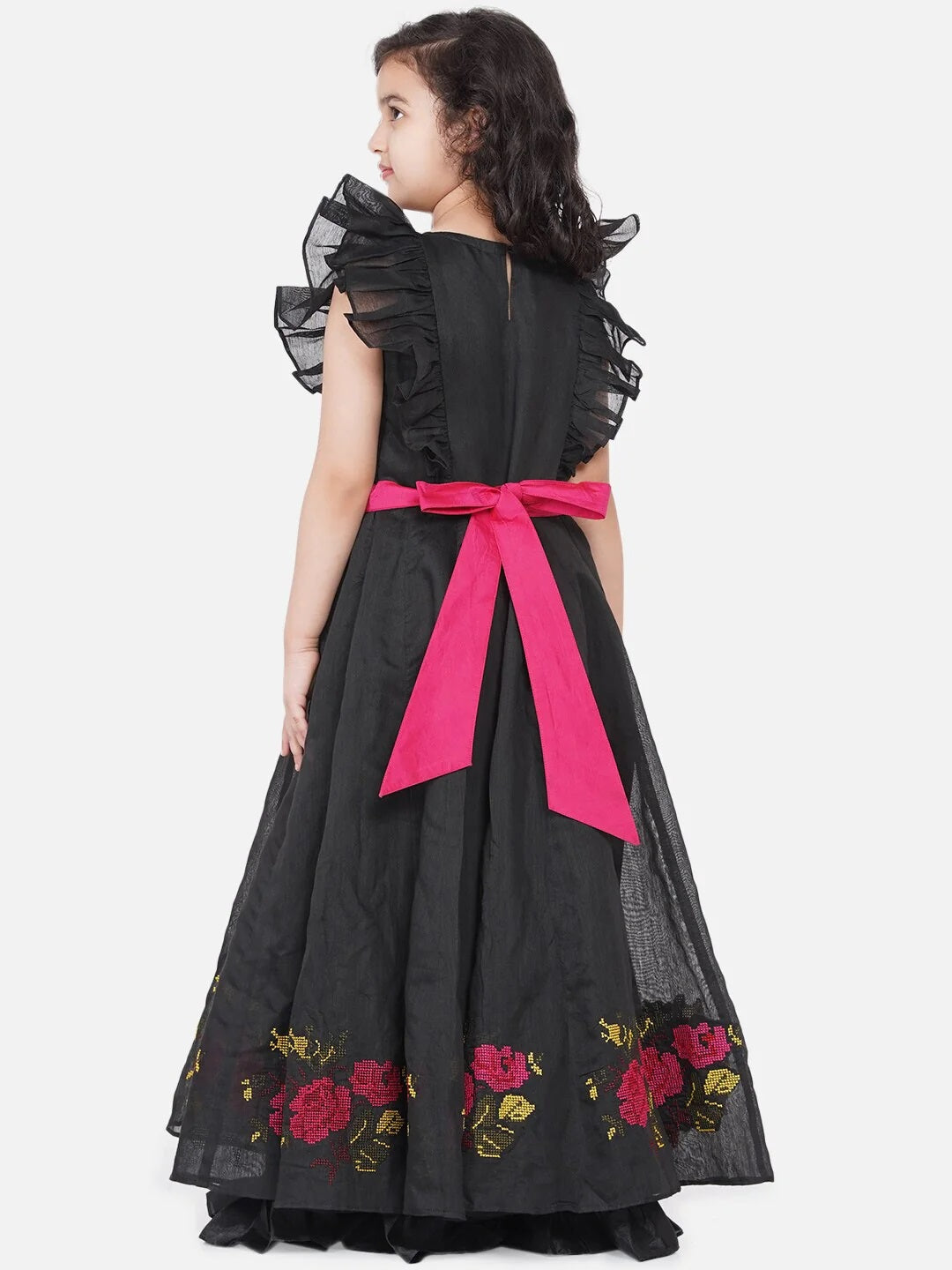 Girls Black Embroidered Flutter Sleeves Maxi Dress