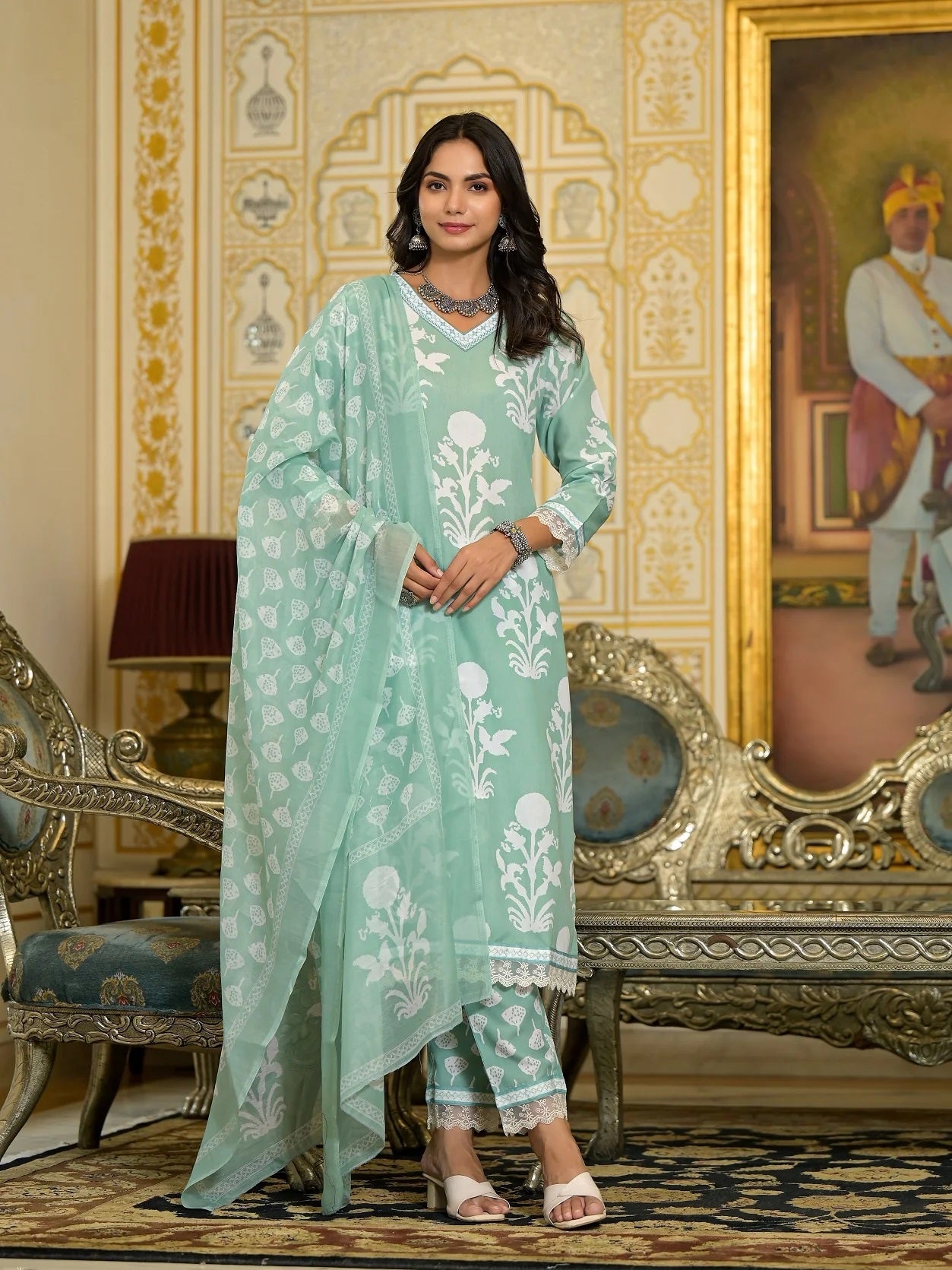 Women Party Wear Flower Printed Kurta With Pant And Dupatta Set (Pista Green)