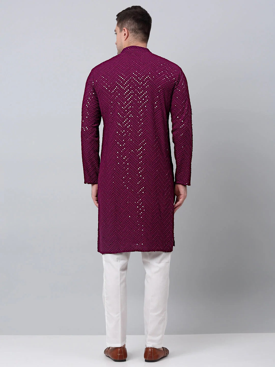 Men Purple Embroidered Sequinned Kurta With Churidar