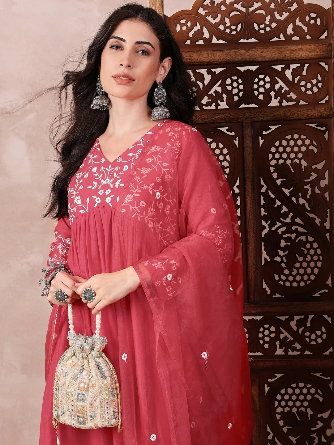 Women Red Cotton Blend Solid Embroidered A-Line Kurta Trouser With Dupatta