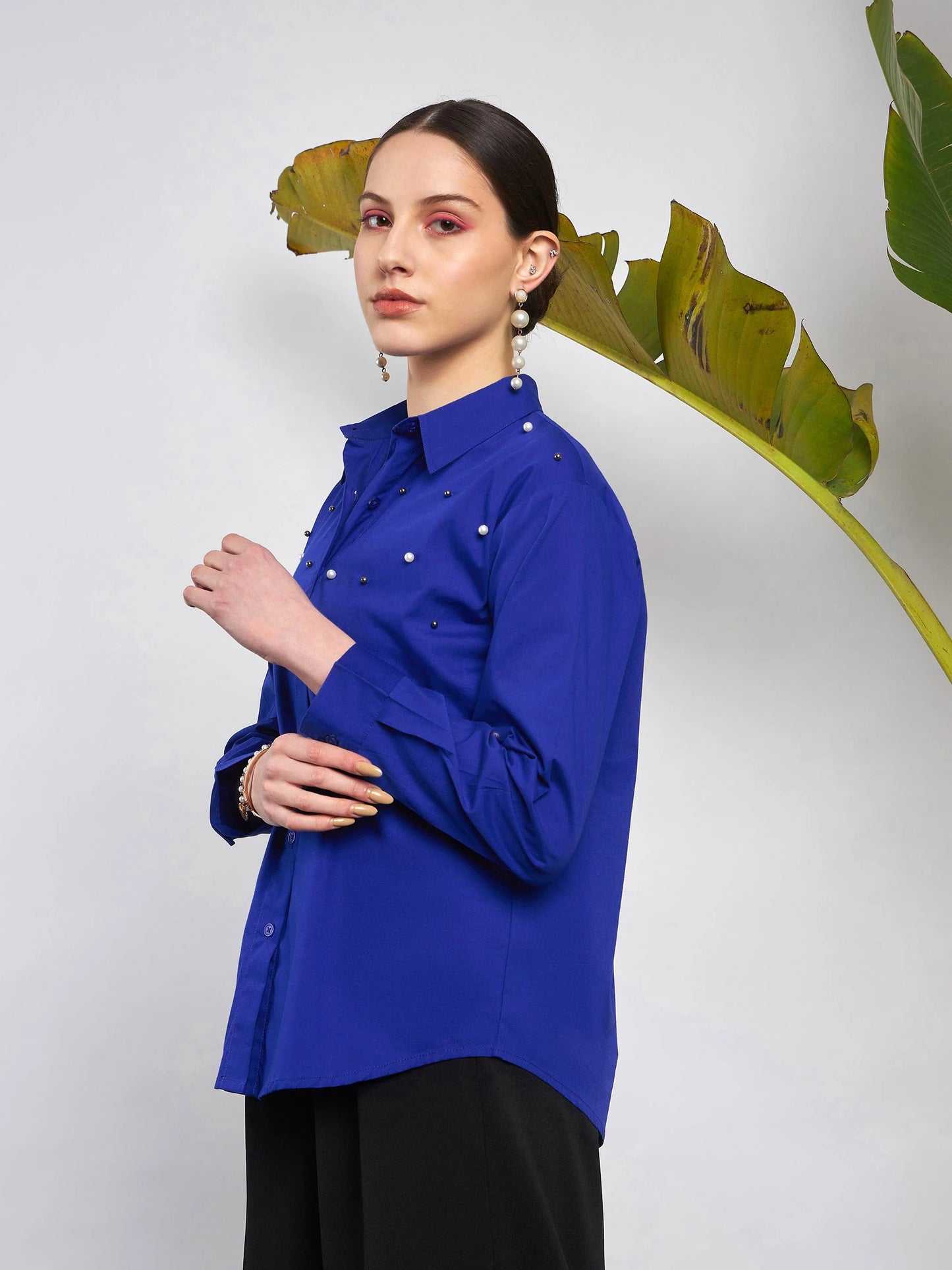 Women Royal Blue Poplin Pearl Studded Shirt