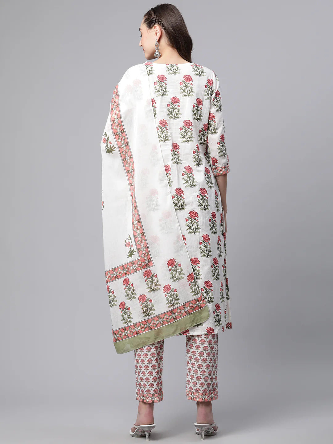 Women White Floral Print Cotton Kurta Set