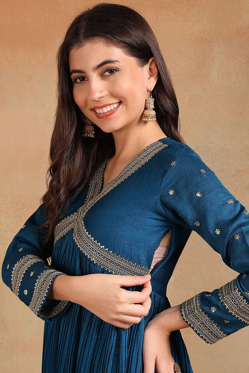 Blue Silk Blend Solid Embroidered Flared Style Suit Set