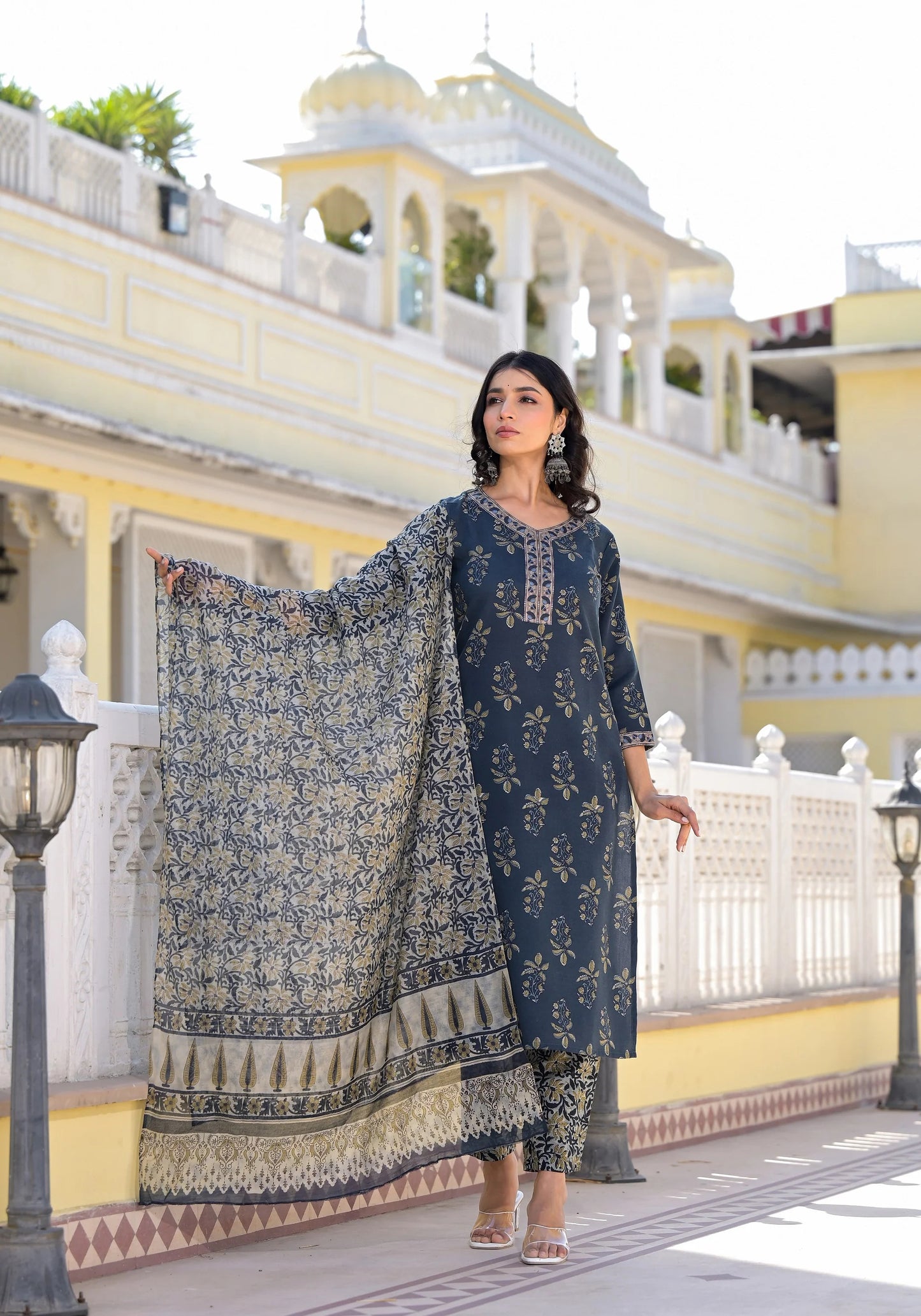 Women Party Wear Flower Printed Kurta With Pant And Dupatta Set