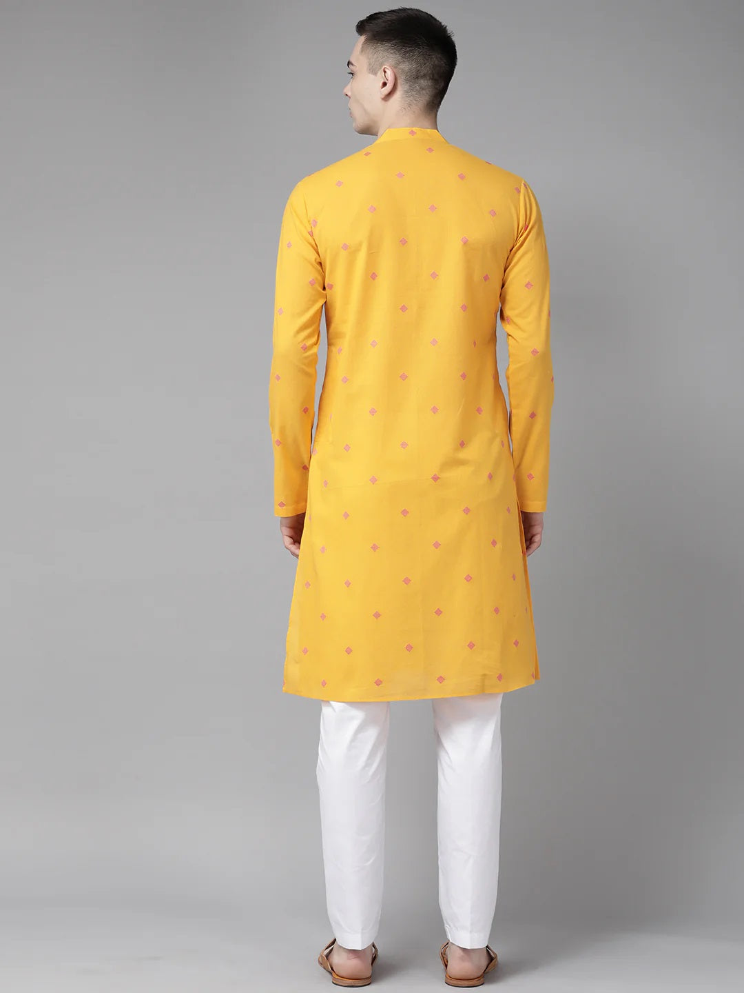 Men Yellow & Maroon Woven Design Straight Kurta With Pyjama