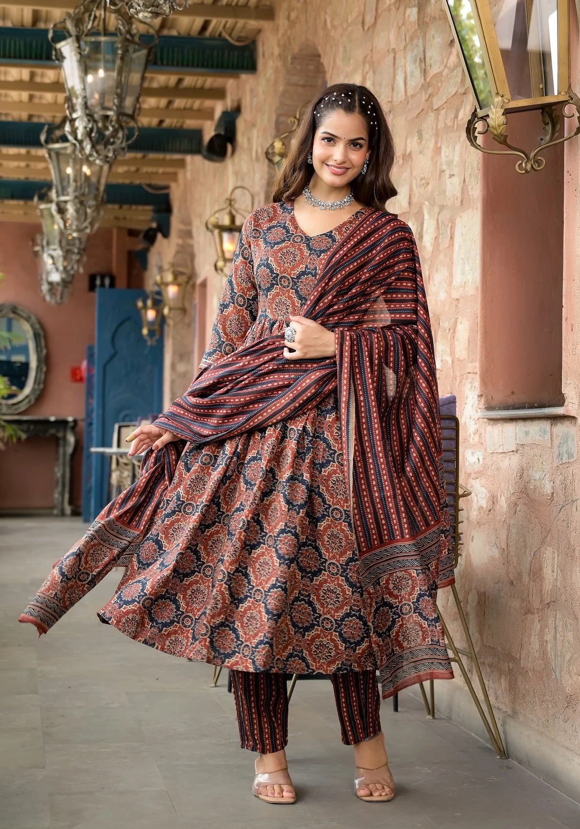 Women Party Wear Flower Printed Kurta With Pant And Dupatta Set