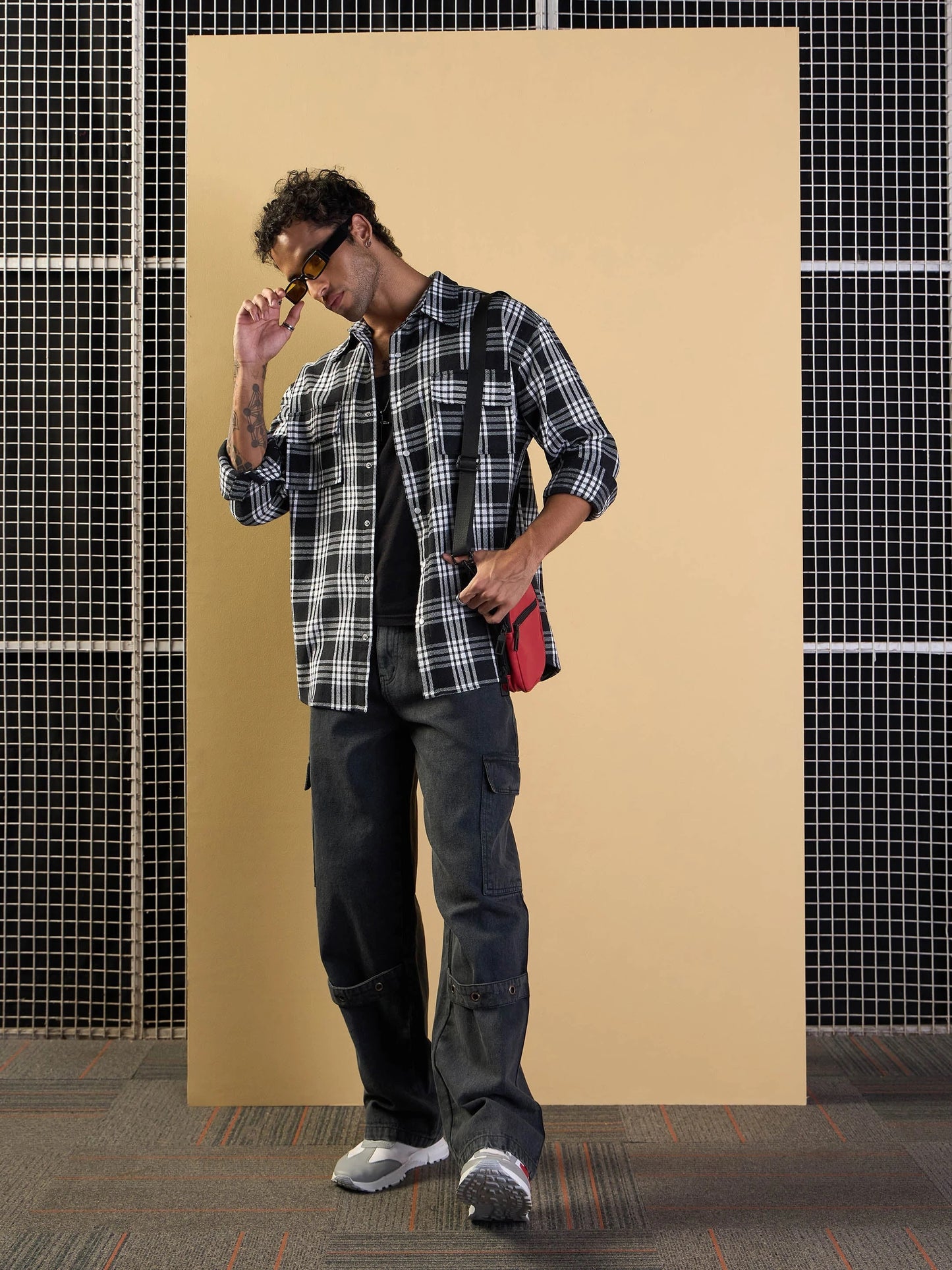 Men Black & White Check Flap Pocket Oversize Shirt