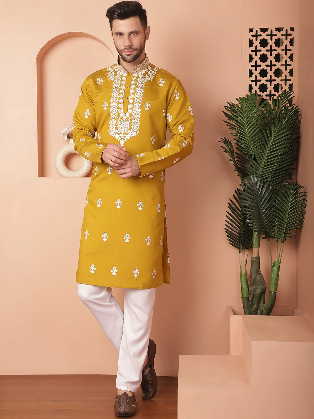 Men'S Mustard Chikankari Embroidered Kurta With Pyjama