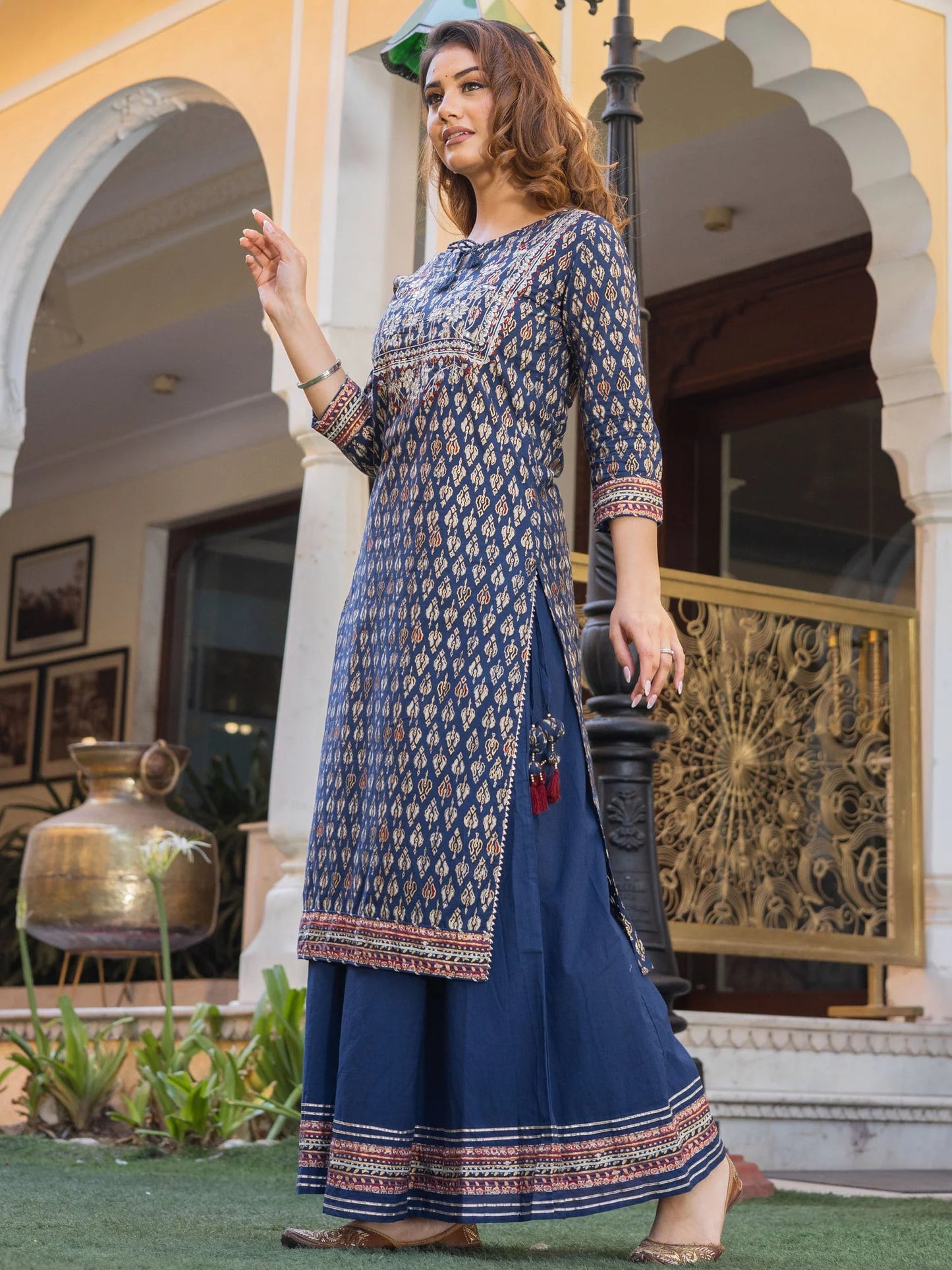 Women Navy Blue Cotton Gota Patti Palazzo Set