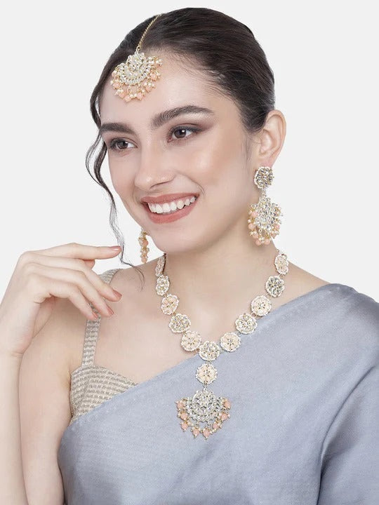 18k Gold Plated Traditional Pearl Kundan Studded Jewellery Necklace Set with Maang Tikka for Women