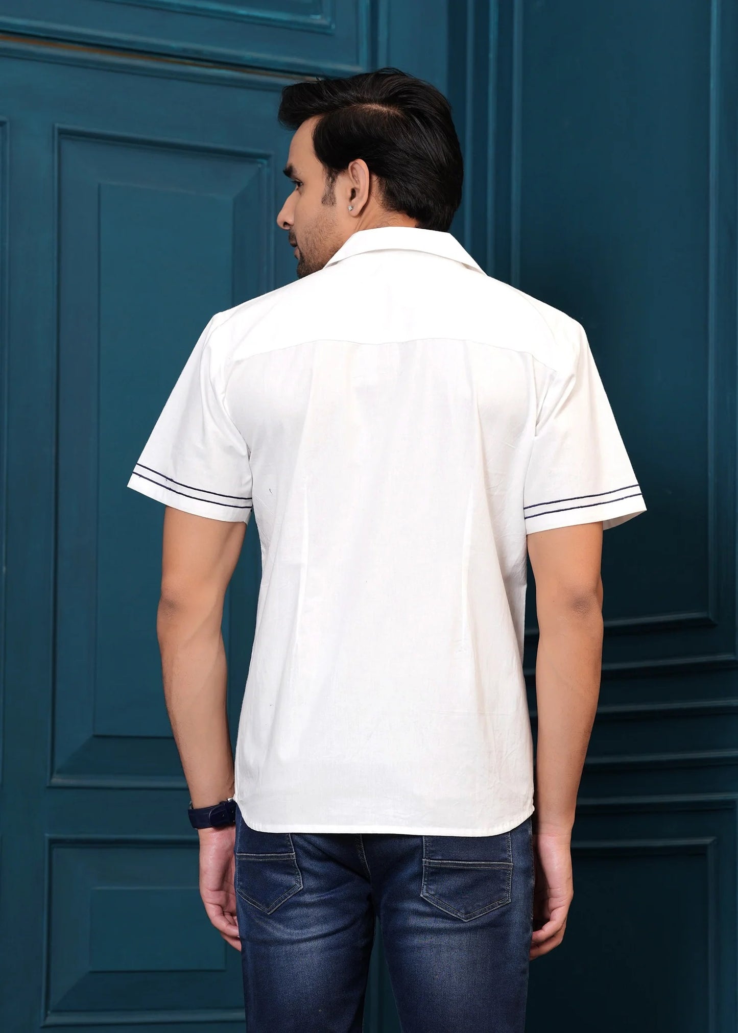 Men White Beach Pattern Embroidered Cotton Half Sleeves Shirt