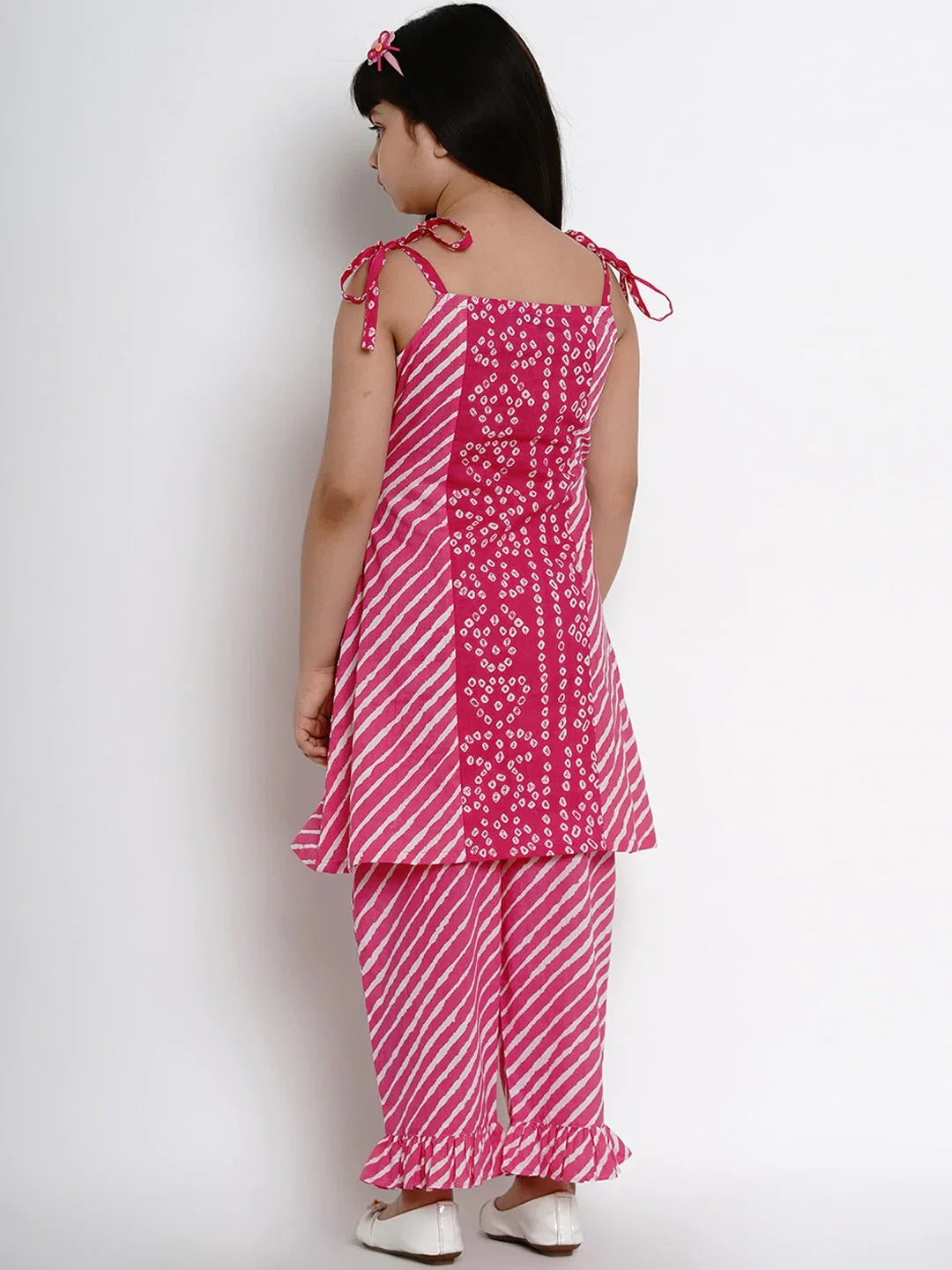 Girls Pink Striped Kurta With Palazzos