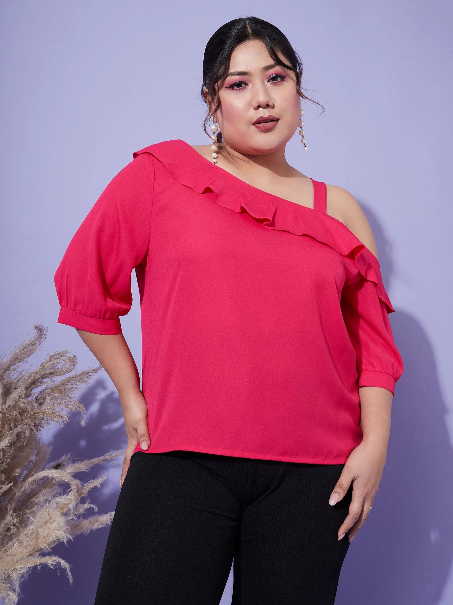 Women Magenta One Shoulder Ruffle Top