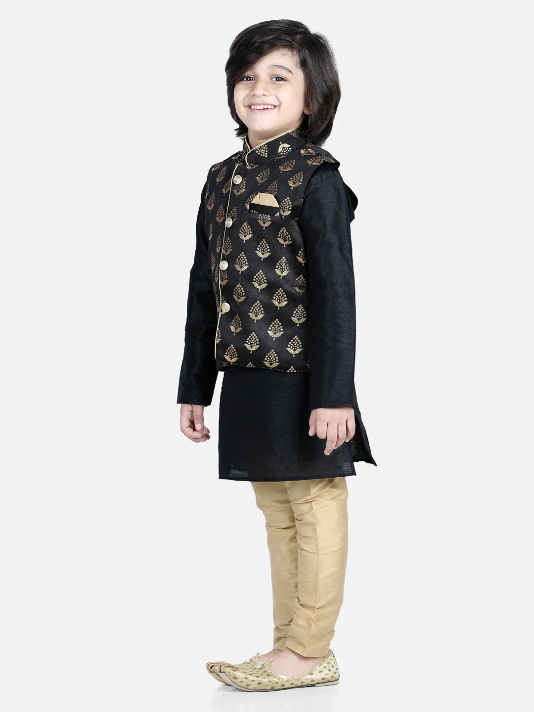 3 Piece Jacquard Jacket Silk Kurta Pajama For Boys-Black