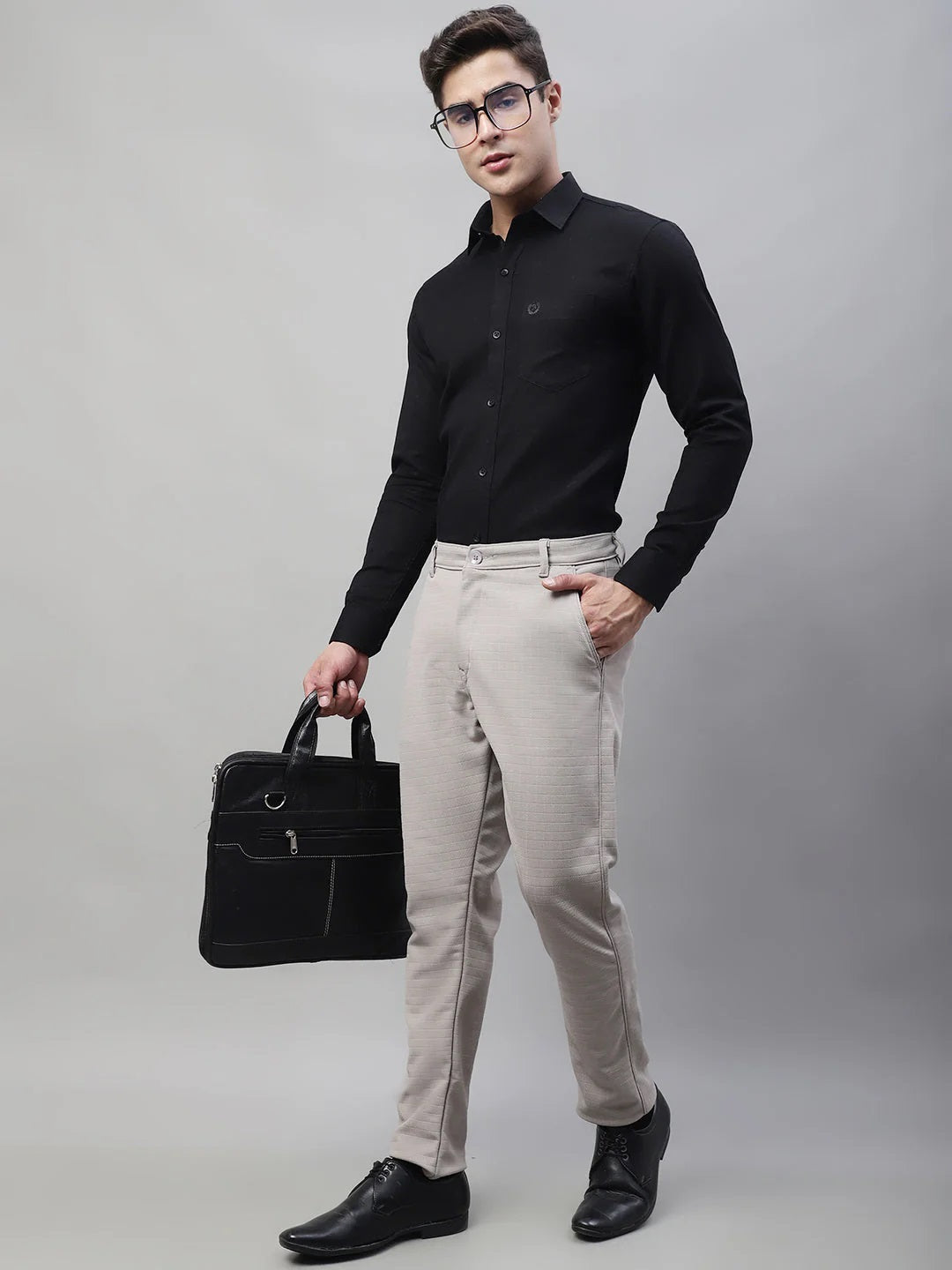 Men'S Light Grey Tapered Fit Formal Trousers