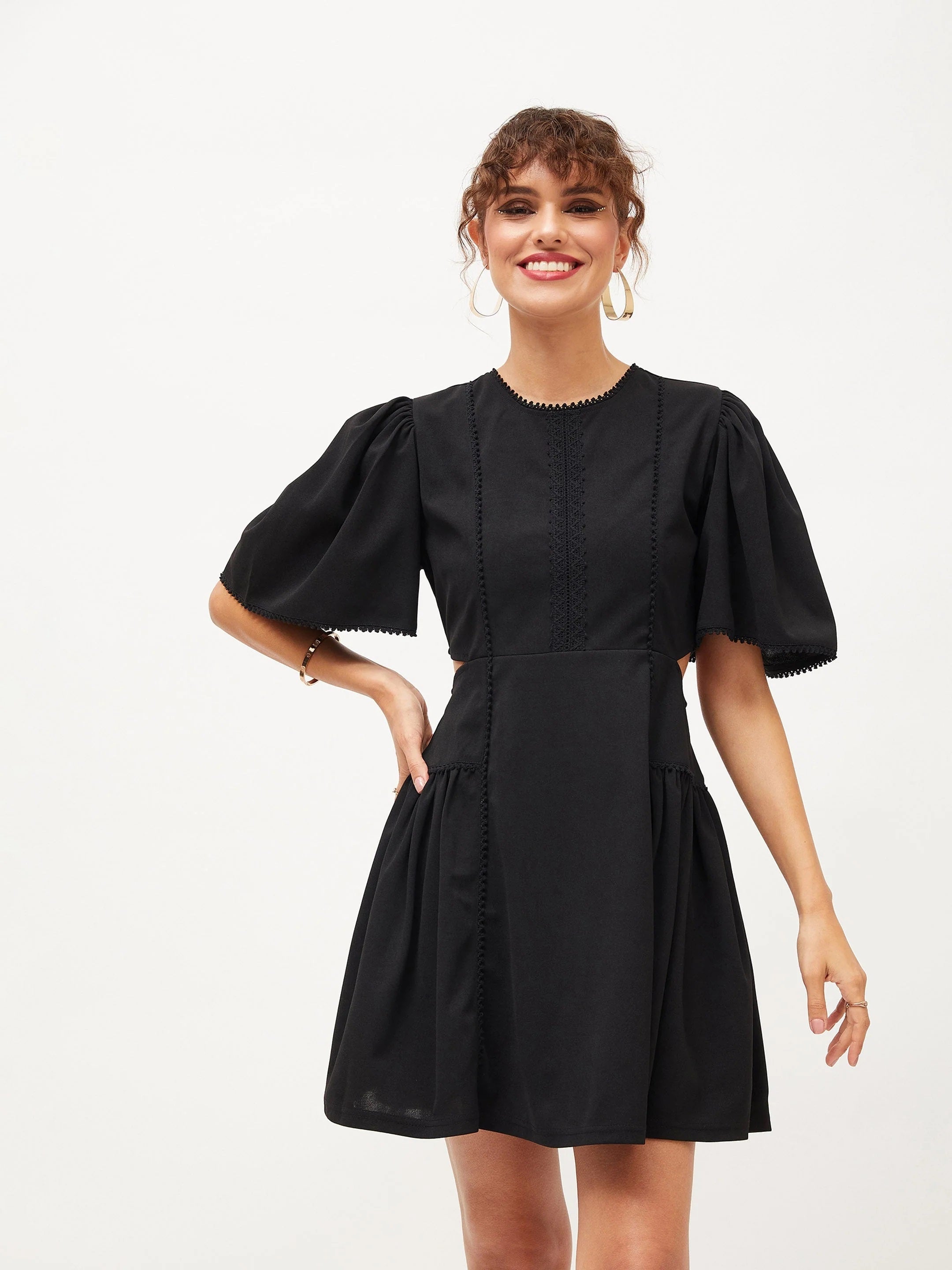 Women Black Side Cut Out Skater Dress