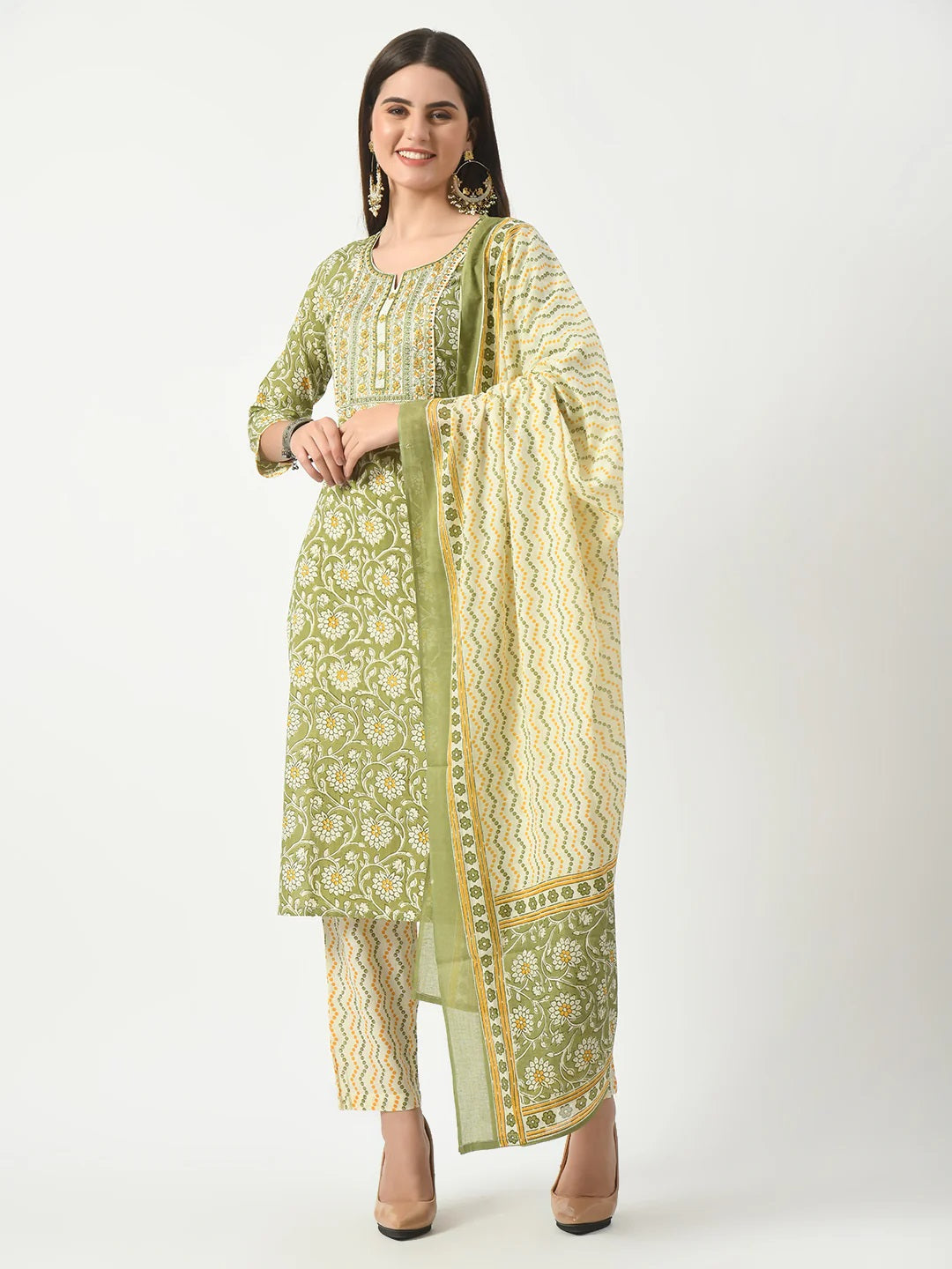 Green Printed And Embroidered Kurta Pant With Dupatta Set