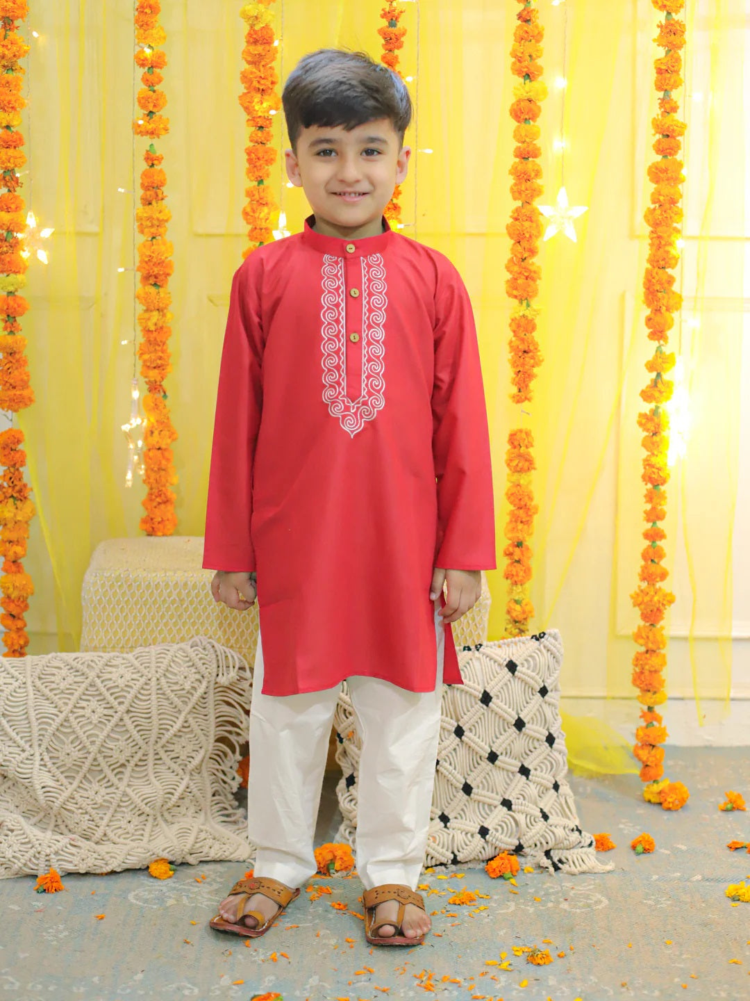 Boys Kids Wear Embroidery Cotton Full Sleeve Kurta Pajama For Boys- Red