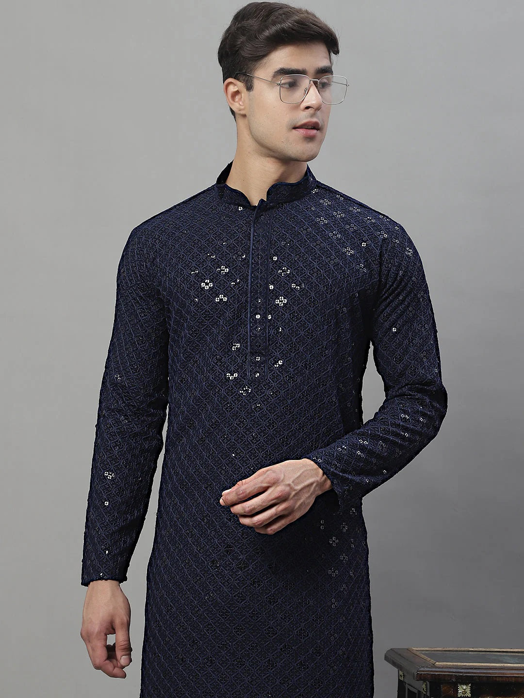 Men'S Navy Blue Chikankari Embroidered And Sequence Kurtas