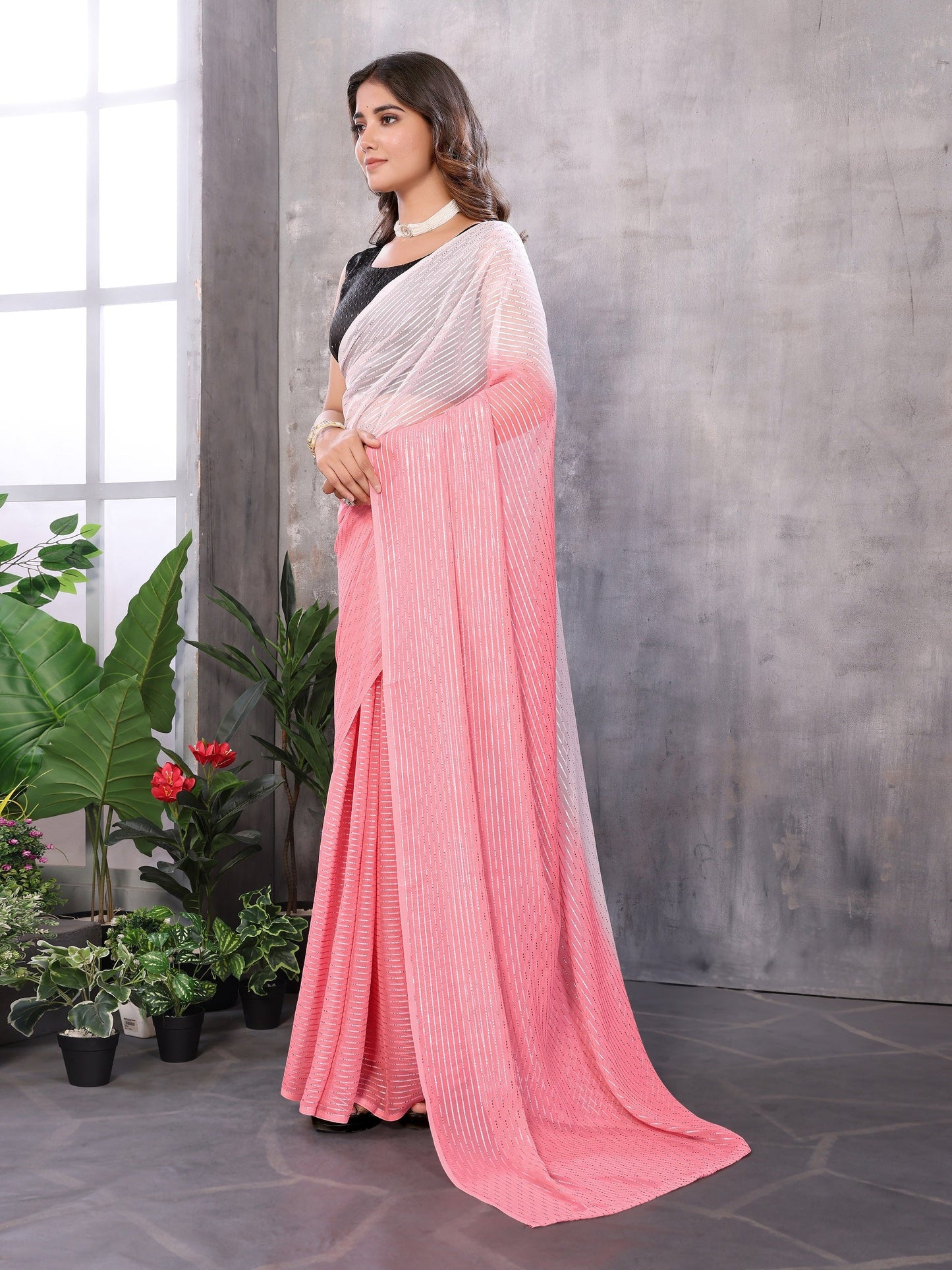 Women Party Wear Jari Weaving Worked Ready To Wear Saree With Un Stitched Blouse(Up To 44)PINK