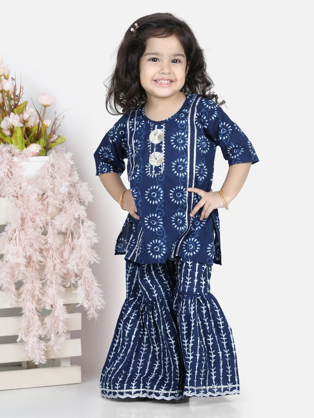 100% Pure Cotton Kurti Sharara Indo Western Set For Baby Girls- Indigo