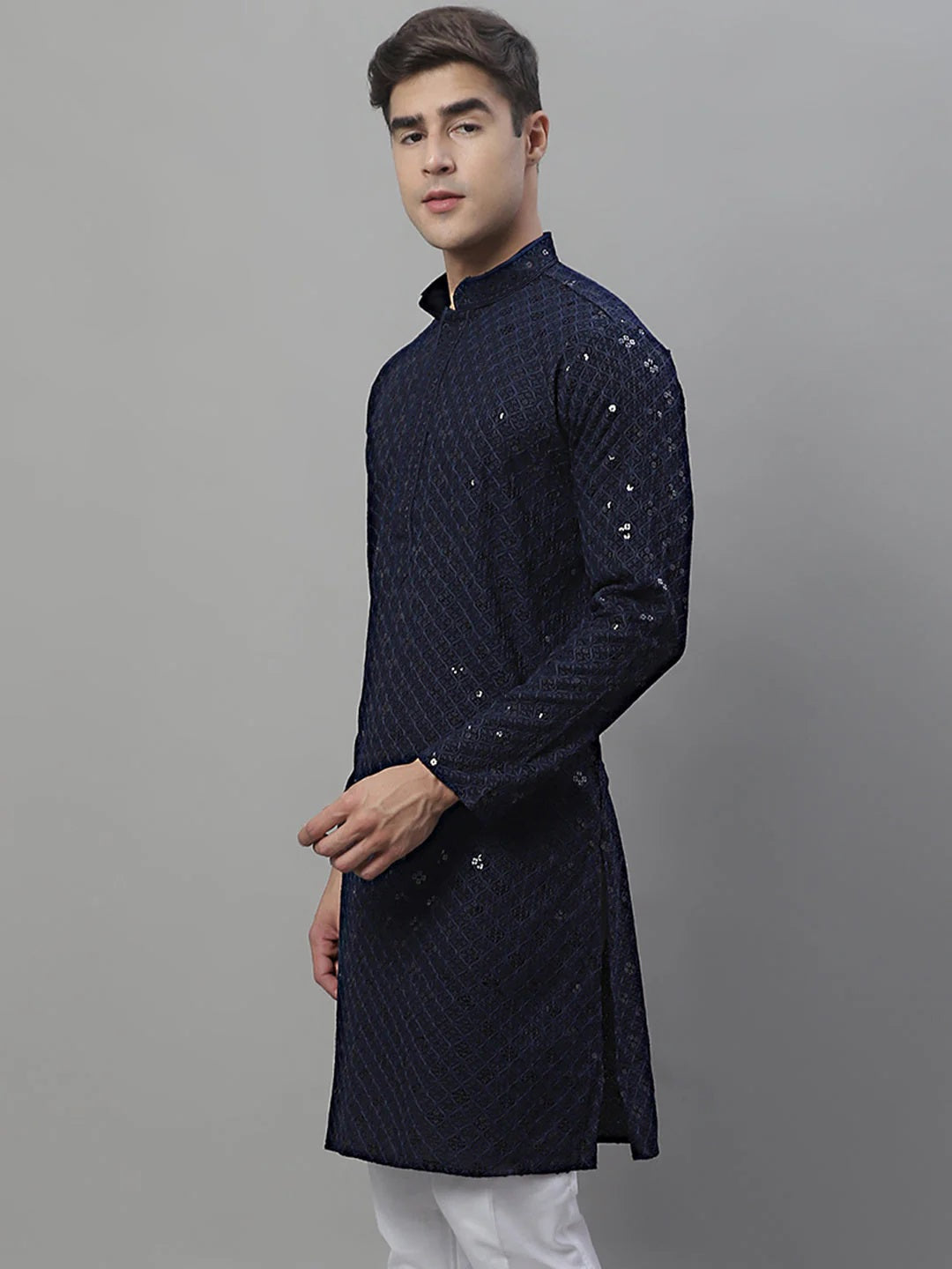 Men'S Navy Blue Chikankari Embroidered And Sequence Kurtas