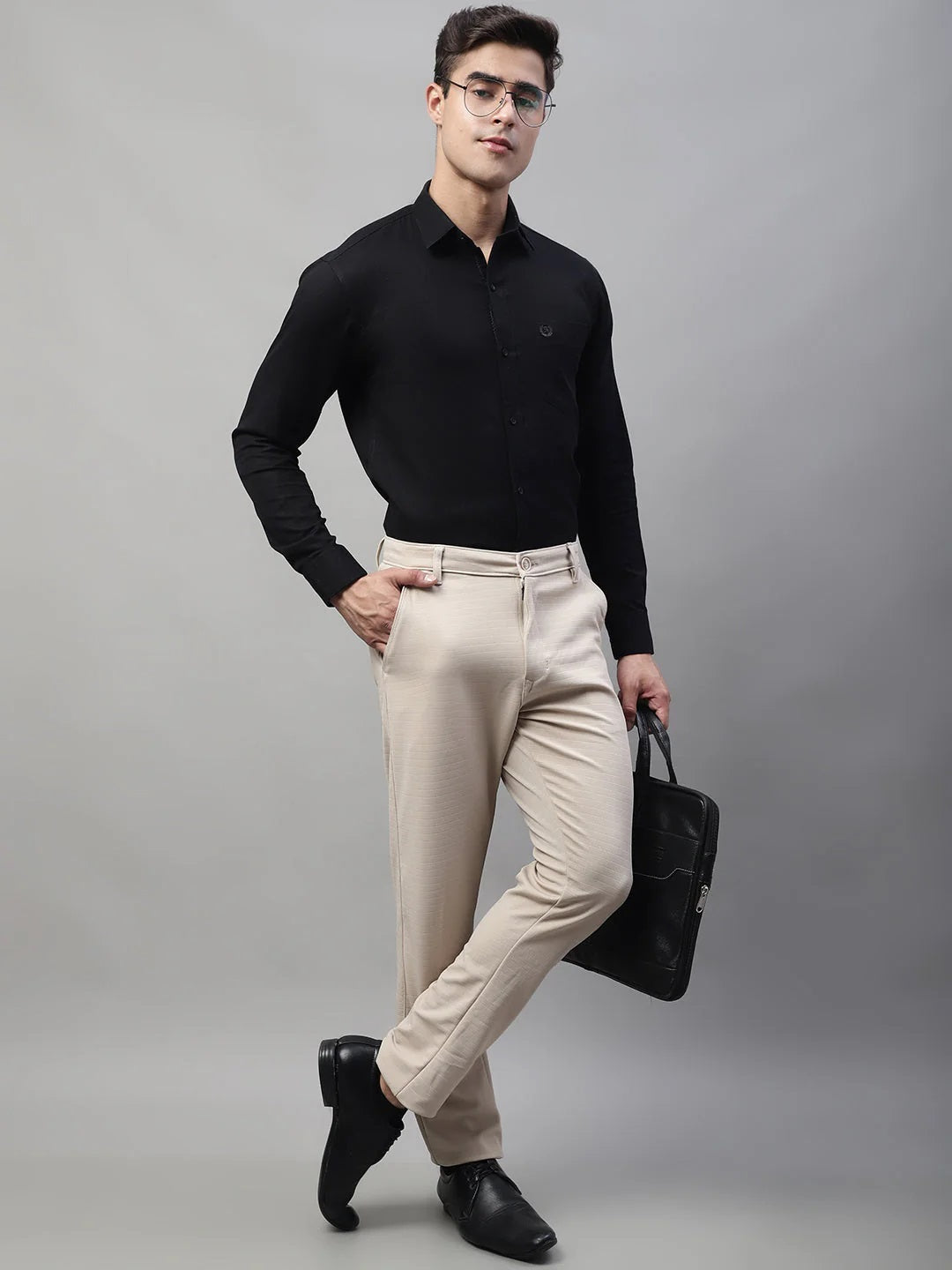 Men'S Cream Tapered Fit Formal Trousers