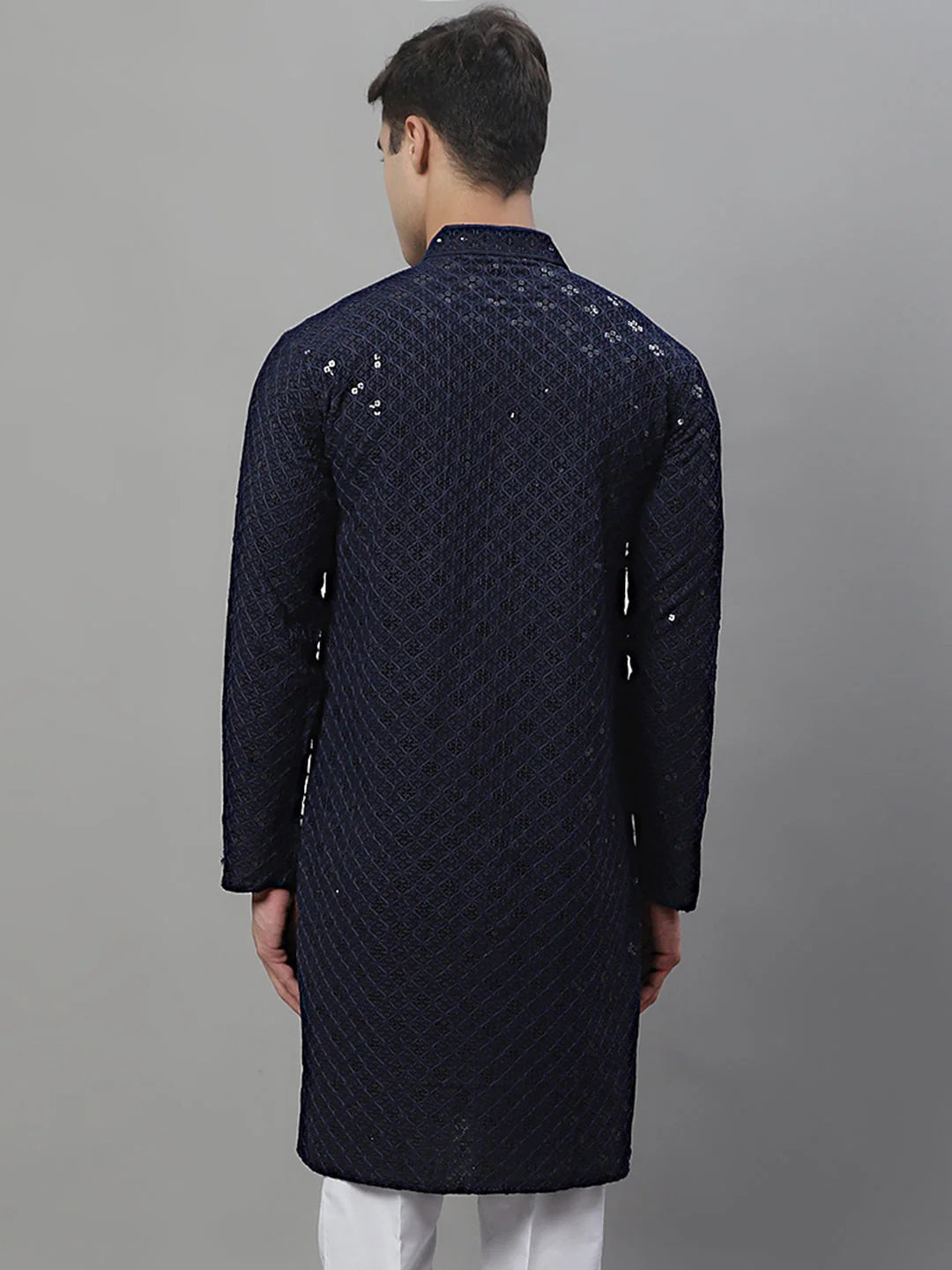 Men'S Navy Blue Chikankari Embroidered And Sequence Kurtas