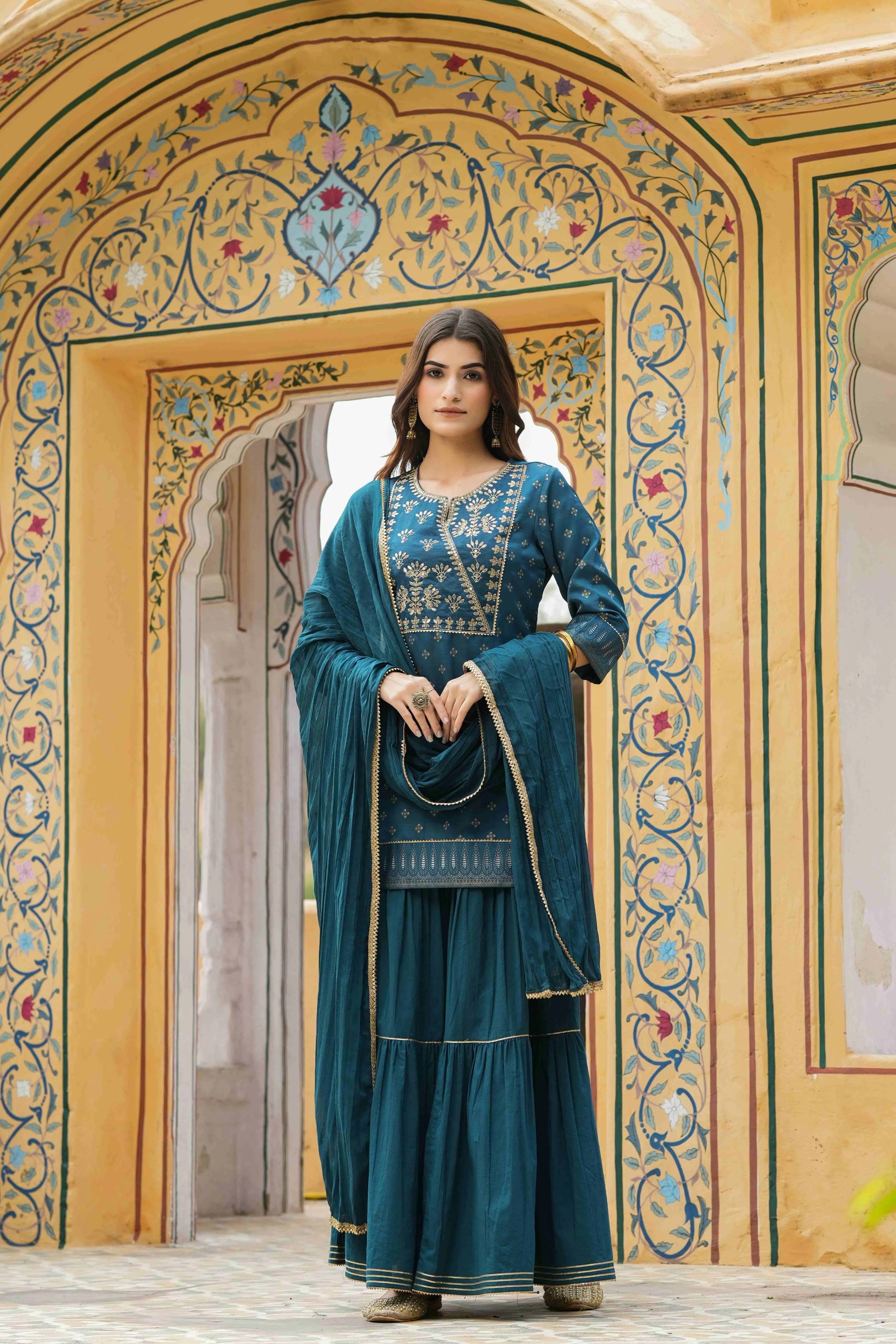 Teal Satin Slub Printed With Embroidery Kurta, Sharara & Dupatta Set