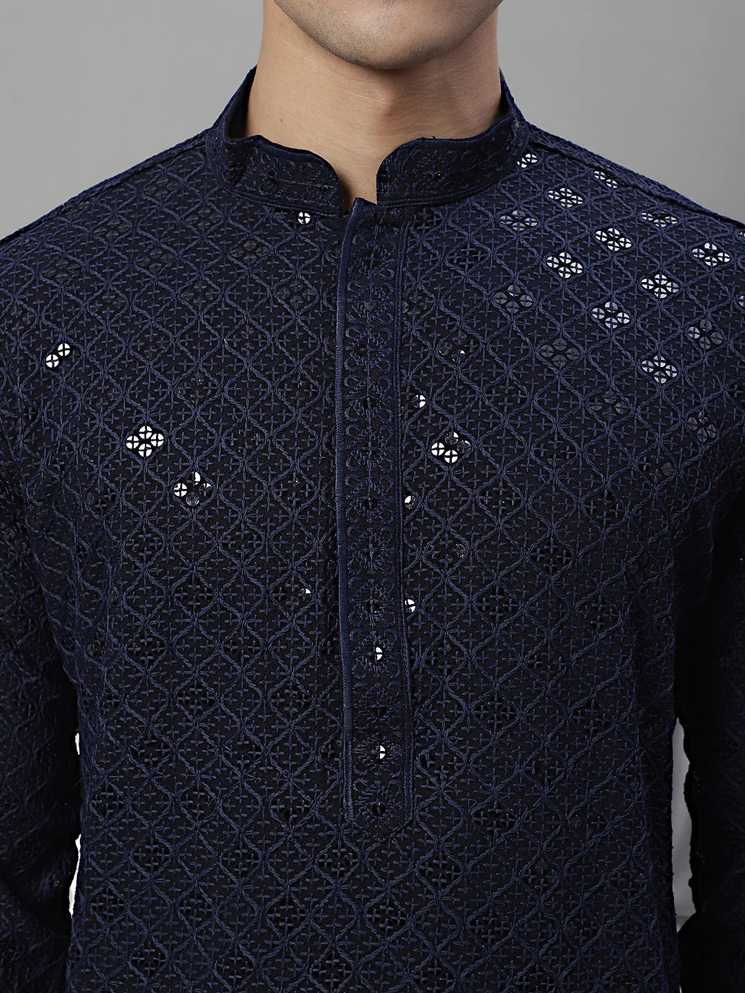 Men'S Navy Blue Chikankari Embroidered And Sequence Kurtas