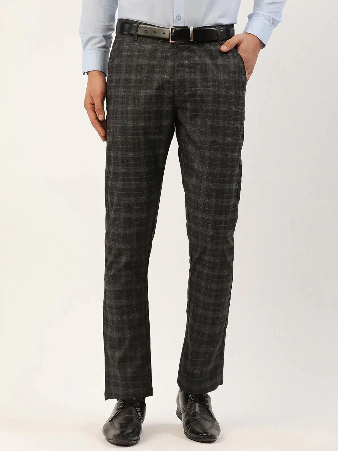 Men'S Black Tartan Checked Formal Trousers