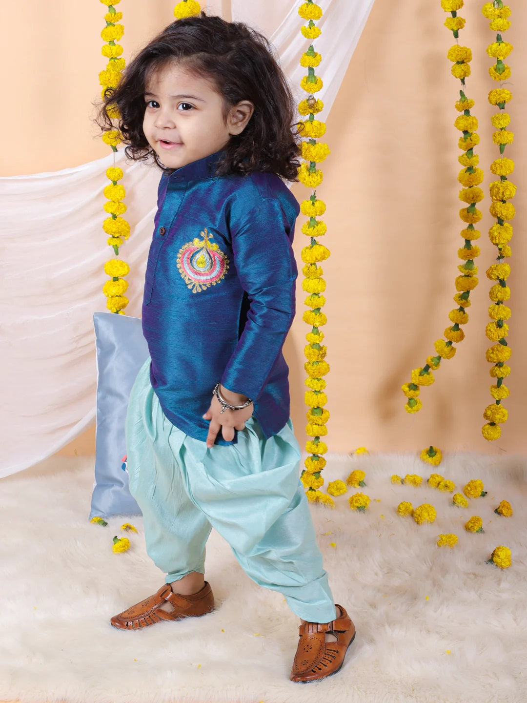 Boys Hand Embroidered Silk Kurta Sherwani- Blue