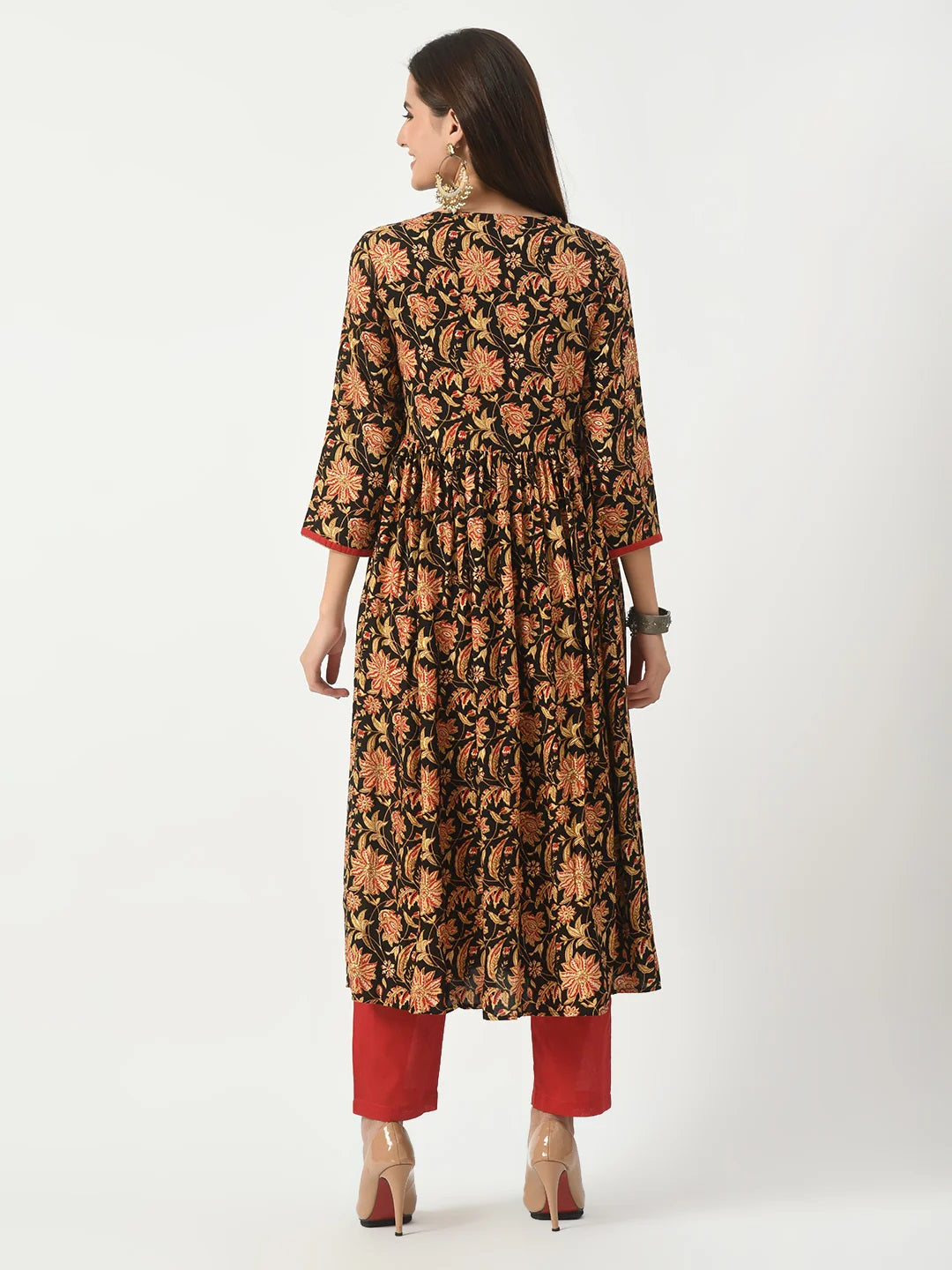 Black Floral Printed Flared Kurta With Pant