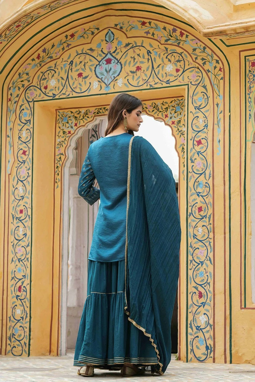 Teal Satin Slub Printed With Embroidery Kurta, Sharara & Dupatta Set