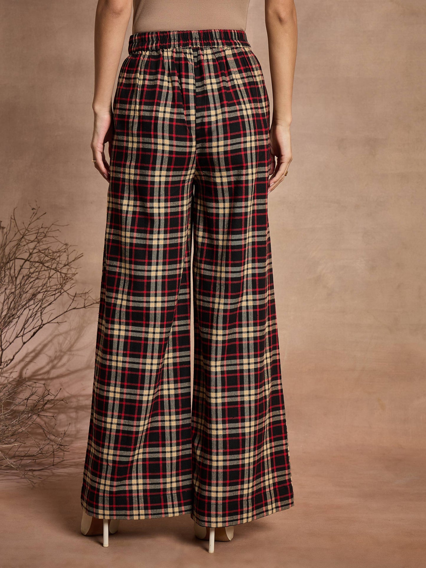 Women Black & Beige Check High Rise Wide Leg Pants