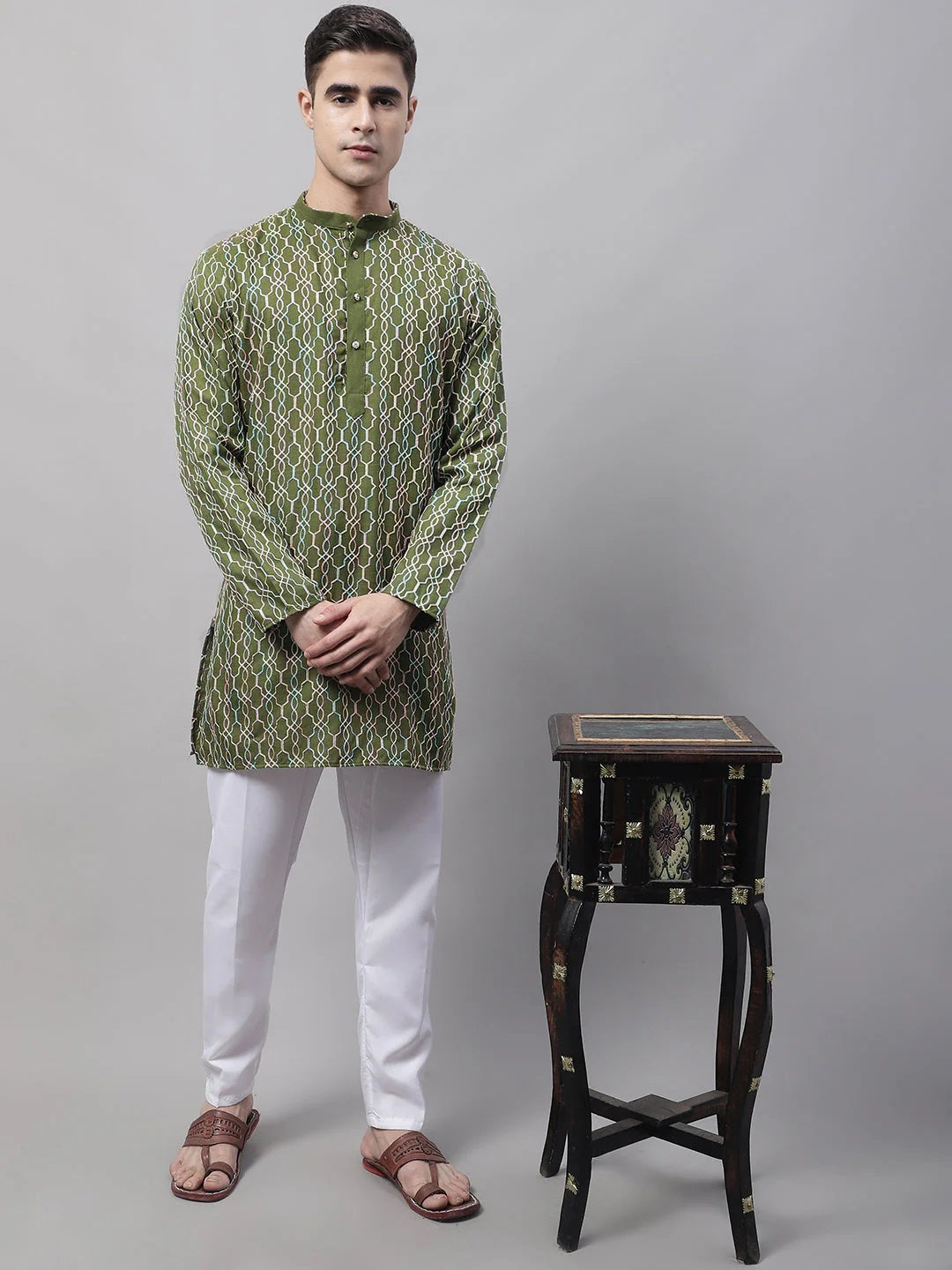 Men'S Olive Green And Multi Coloured Embroidered Straight Kurta Pyjama Set