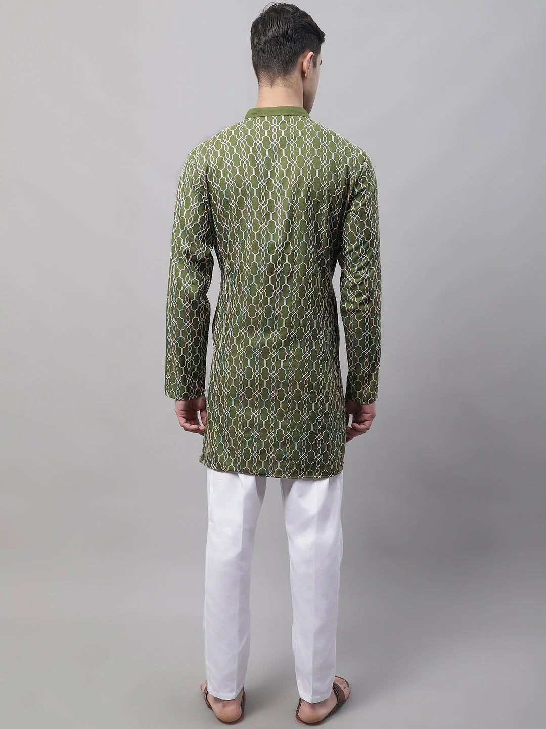 Men'S Olive Green And Multi Coloured Embroidered Straight Kurta Pyjama Set