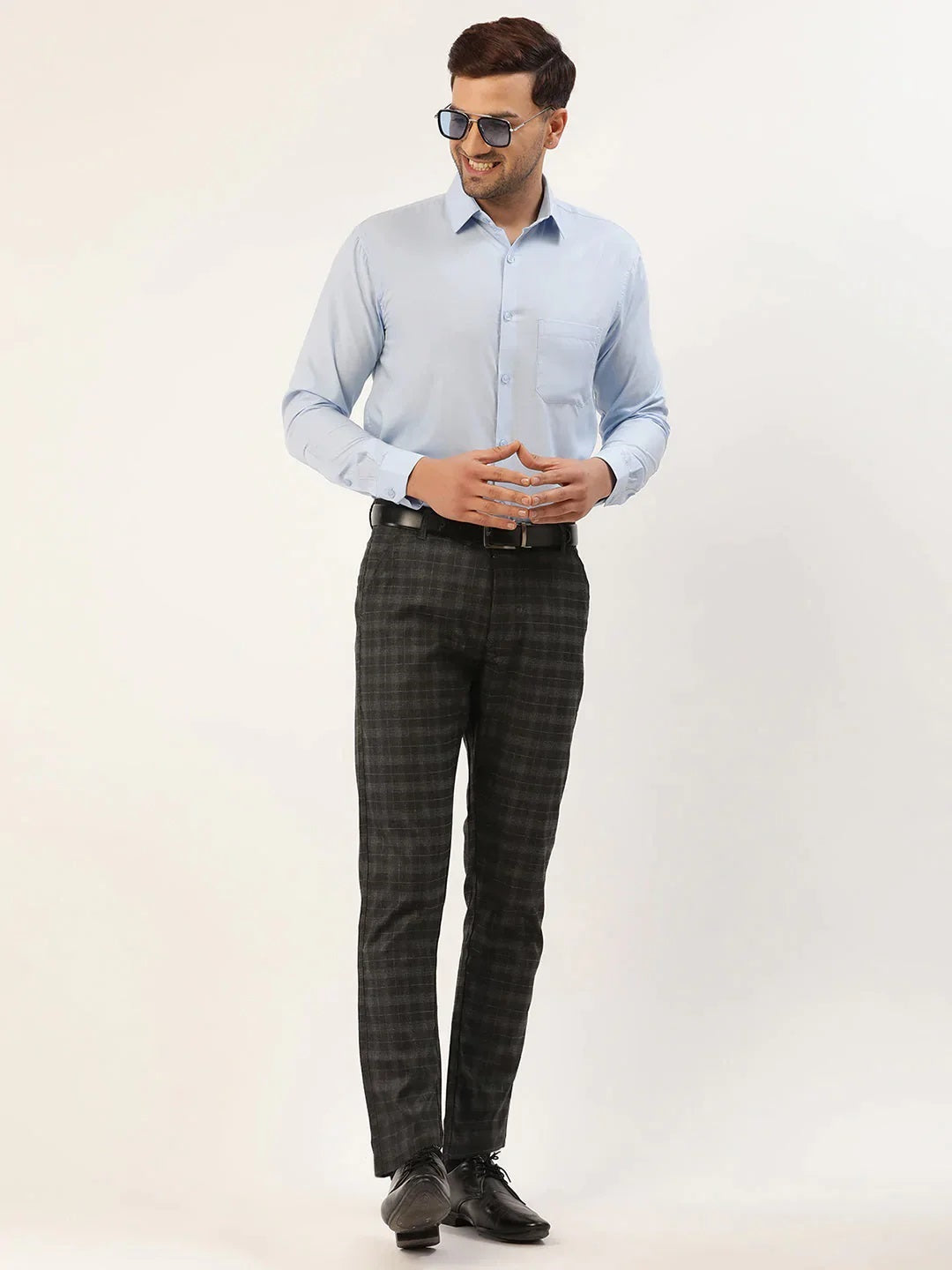 Men'S Black Tartan Checked Formal Trousers