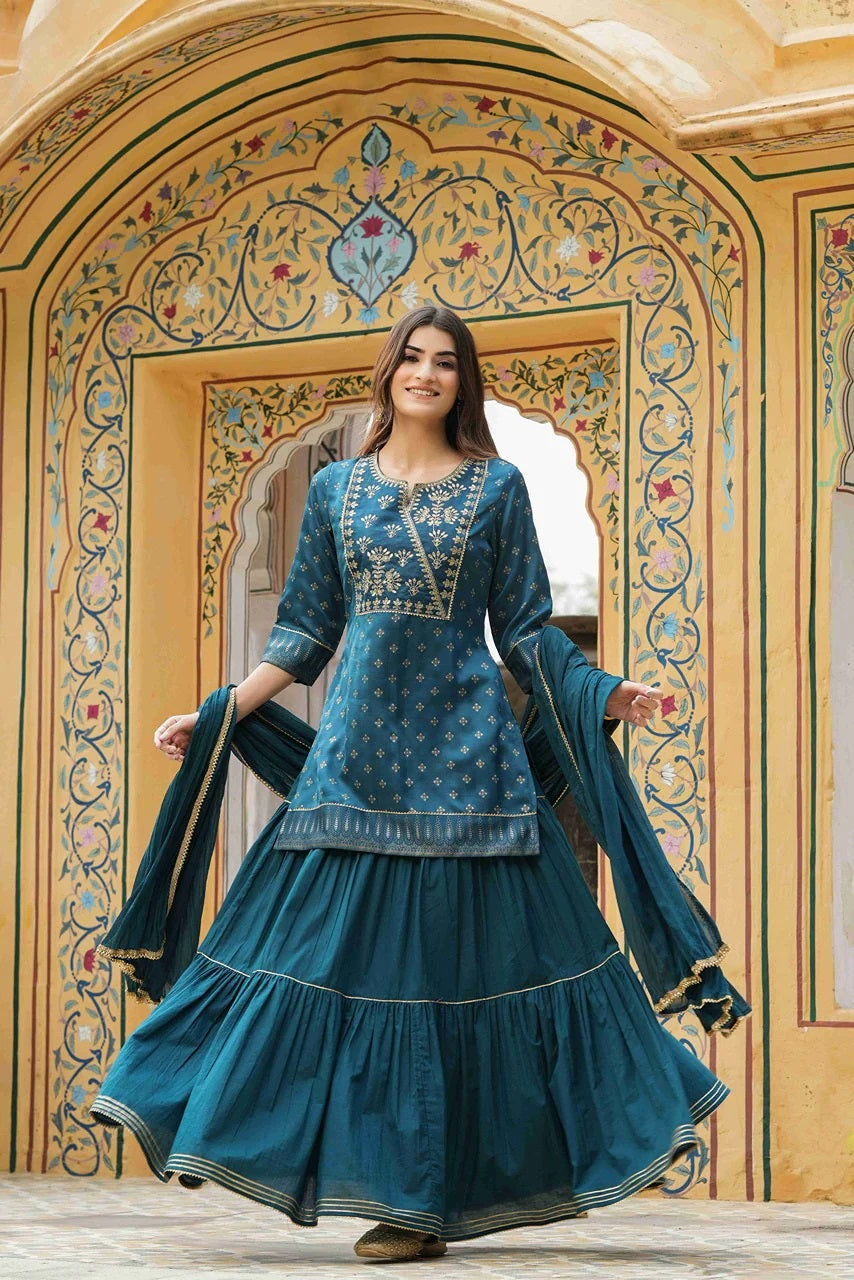 Teal Satin Slub Printed With Embroidery Kurta, Sharara & Dupatta Set