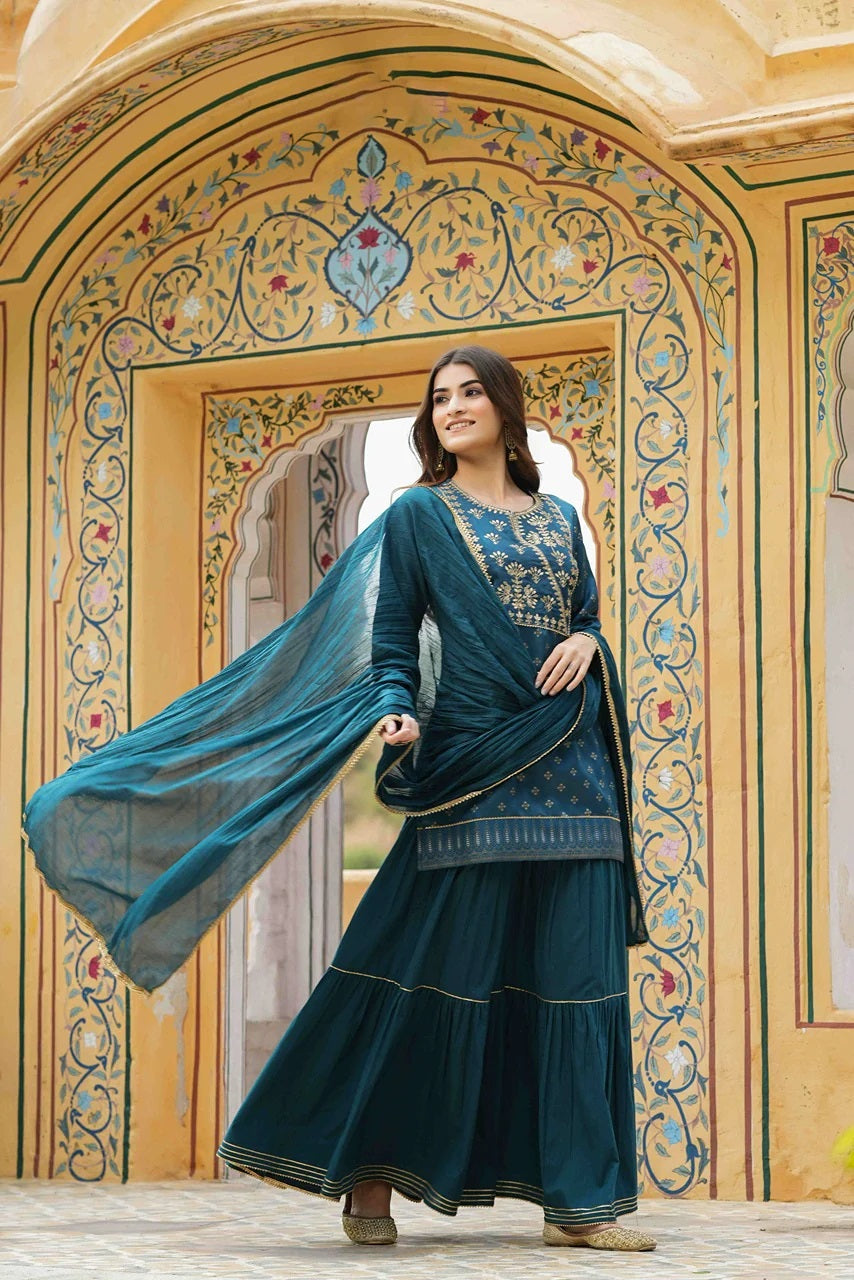 Teal Satin Slub Printed With Embroidery Kurta, Sharara & Dupatta Set