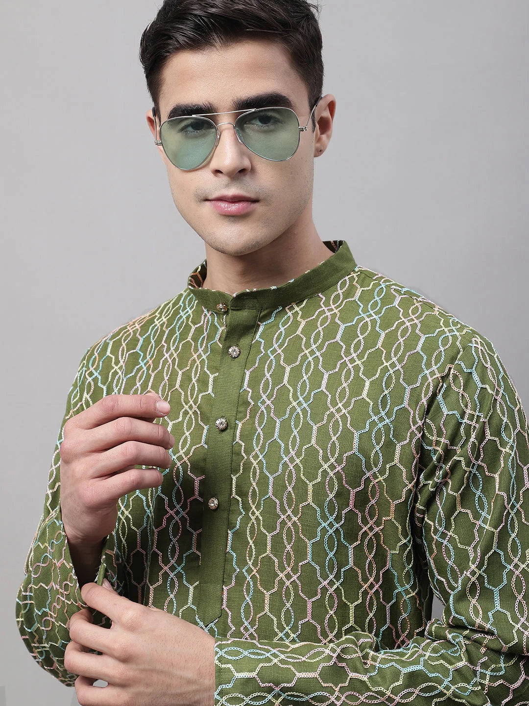 Men'S Olive Green And Multi Coloured Embroidered Straight Kurta Pyjama Set