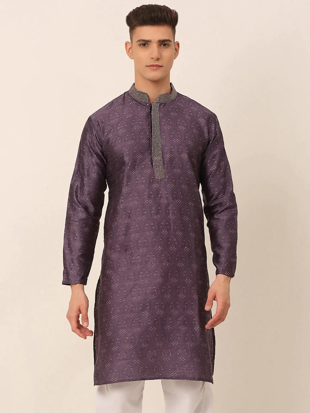 Men'S Silk Blend Collar Embroidered Kurta Only