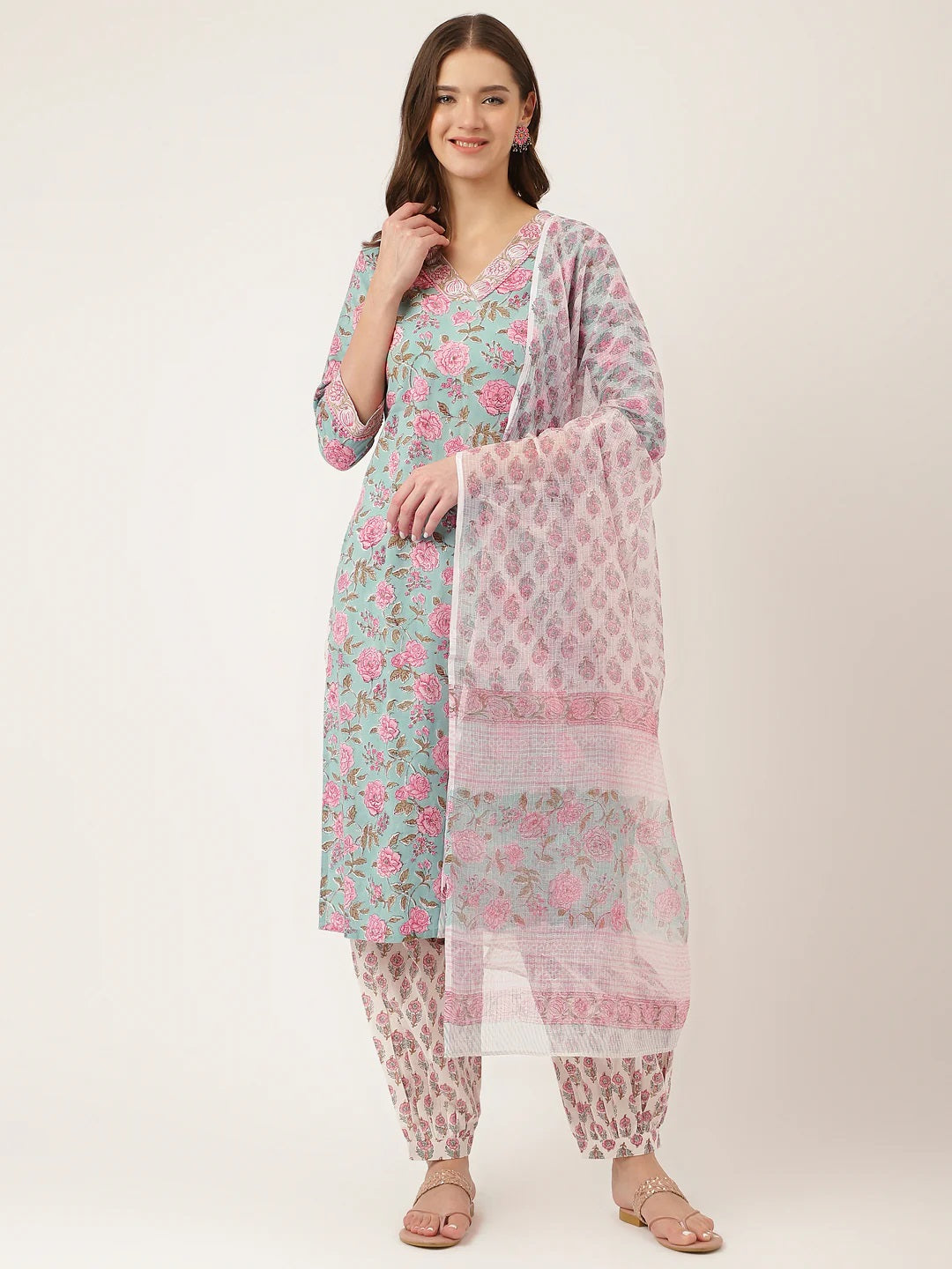 Sea Green Hand Block Floral Print Cotton Kurta, Salwar With Dupatta