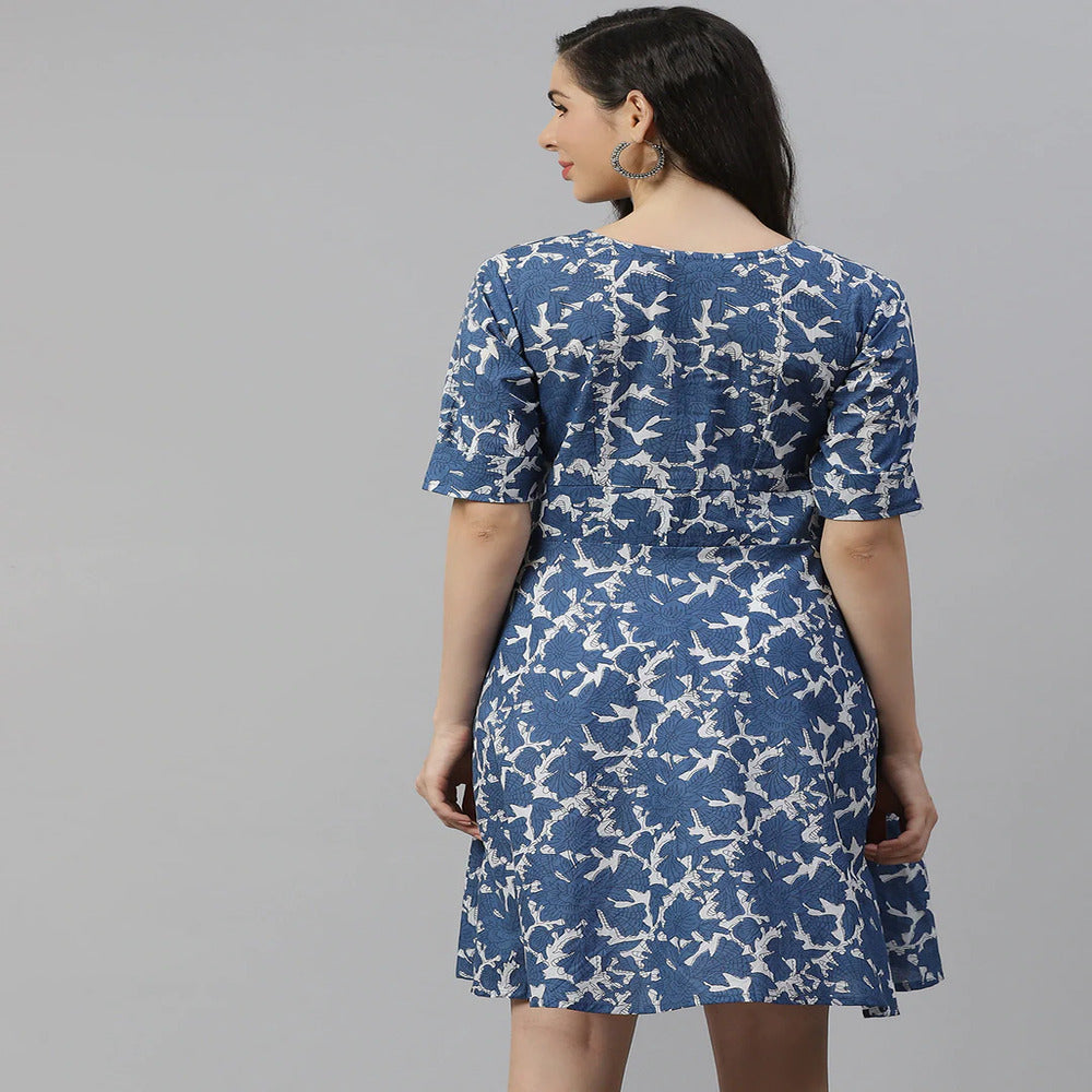 Women's Indigo Print Knee Length Dress