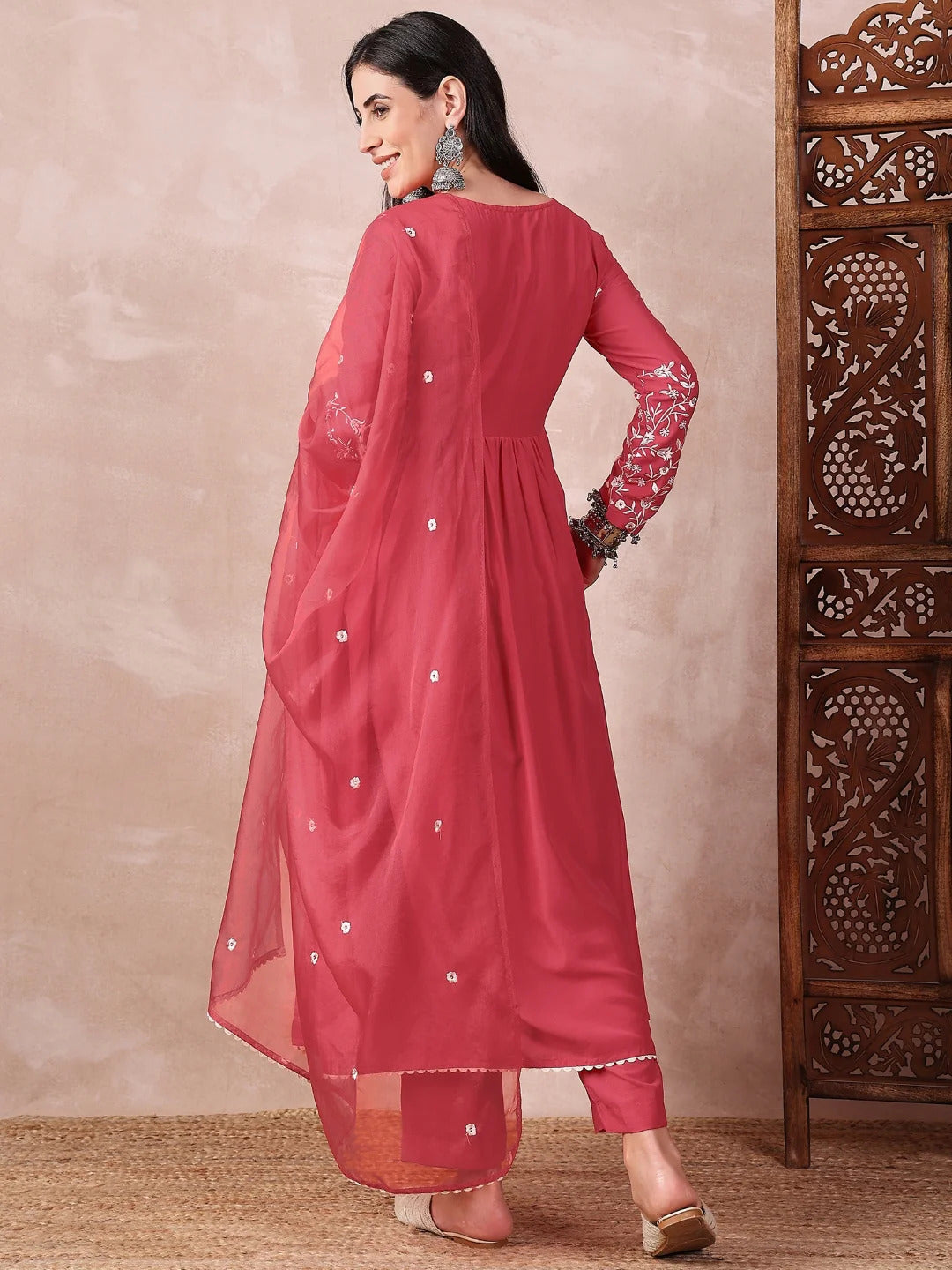 Women Red Cotton Blend Solid Embroidered A-Line Kurta Trouser With Dupatta