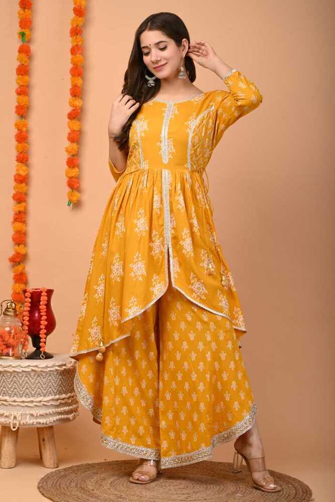 Women Yellow Kurta and Palazzo Set Rayon